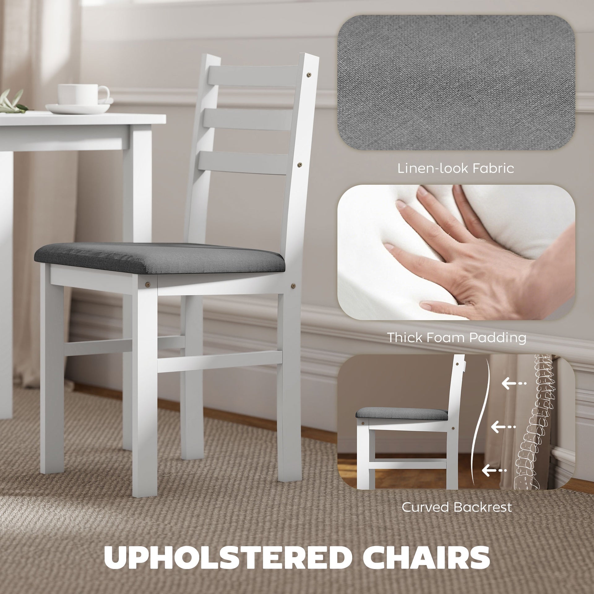 HOMCOM 5-Piece Small Kitchen Table Set for 4, Farmhouse Dining Table Set with Upholstered Chairs and Rubber Wood Legs, White