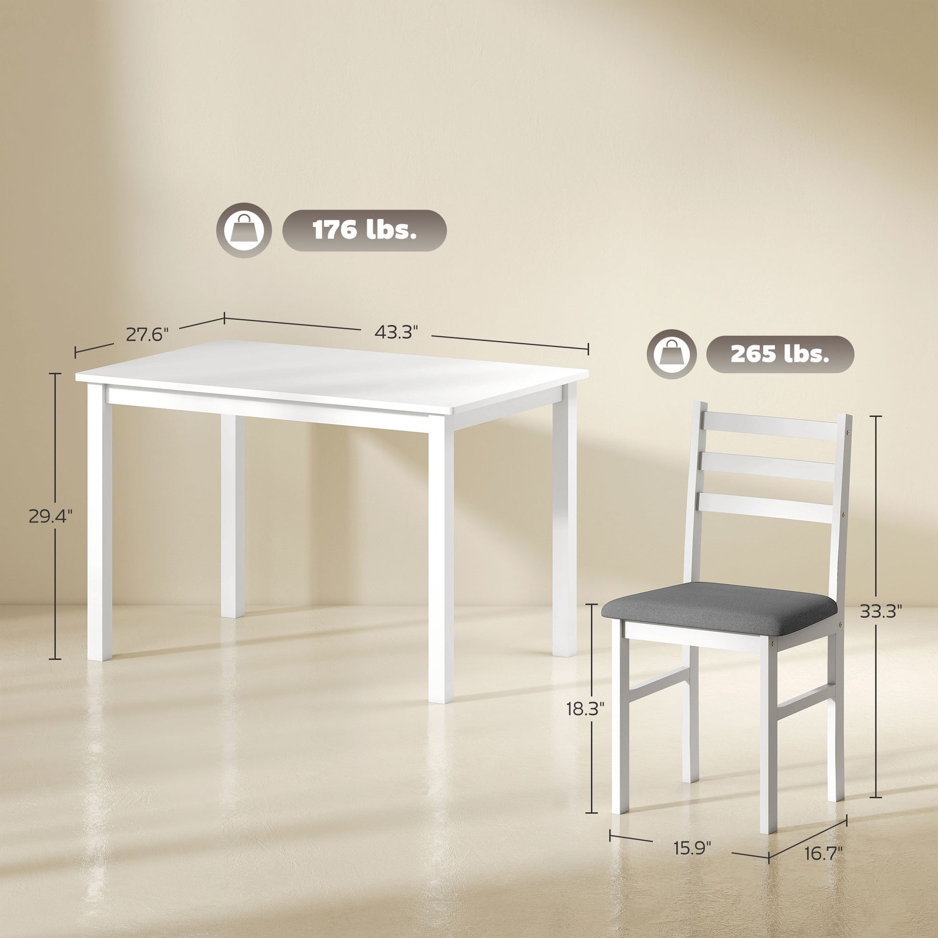 HOMCOM 5-Piece Small Kitchen Table Set for 4, Farmhouse Dining Table Set with Upholstered Chairs and Rubber Wood Legs, White