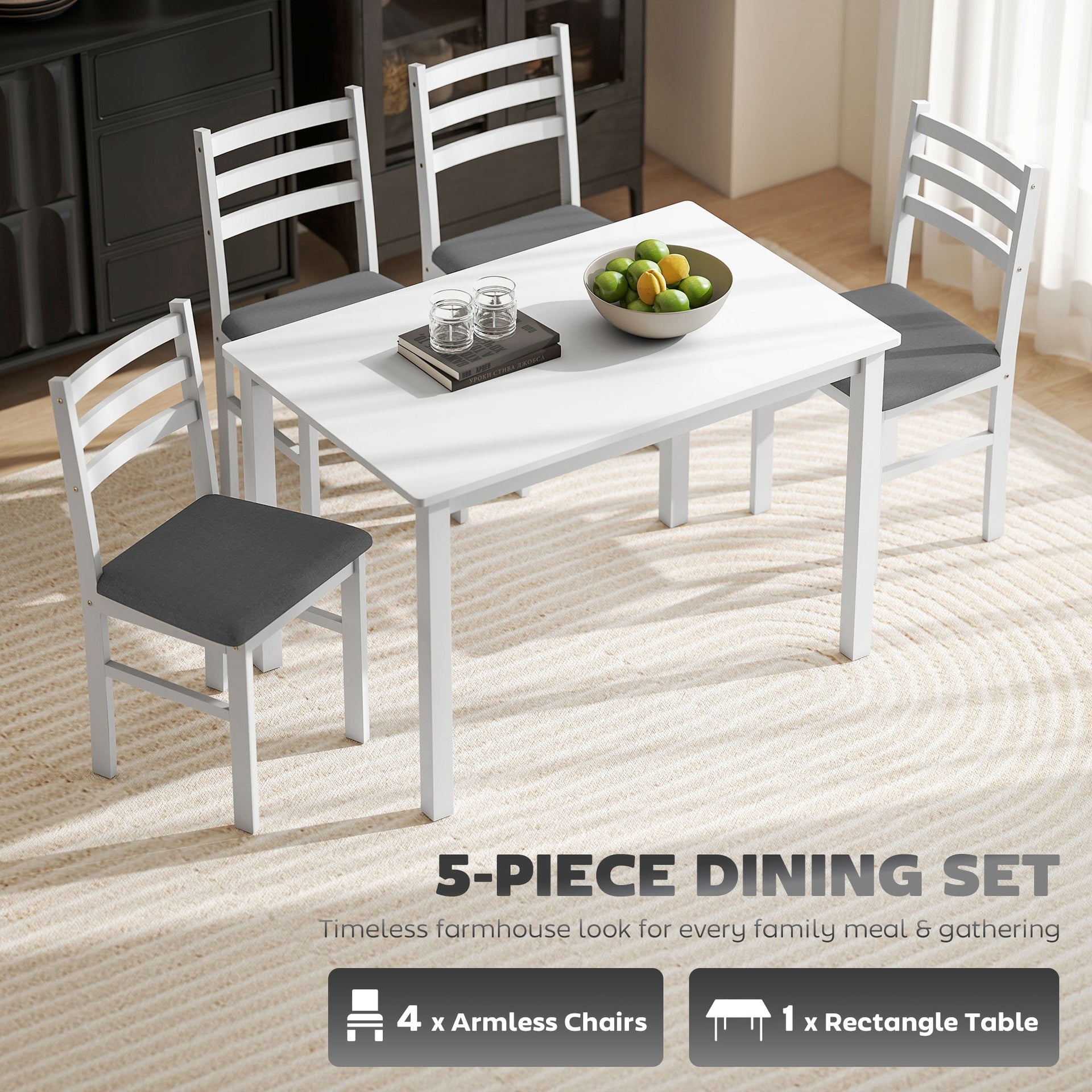 HOMCOM 5-Piece Small Kitchen Table Set for 4, Farmhouse Dining Table Set with Upholstered Chairs and Rubber Wood Legs, White