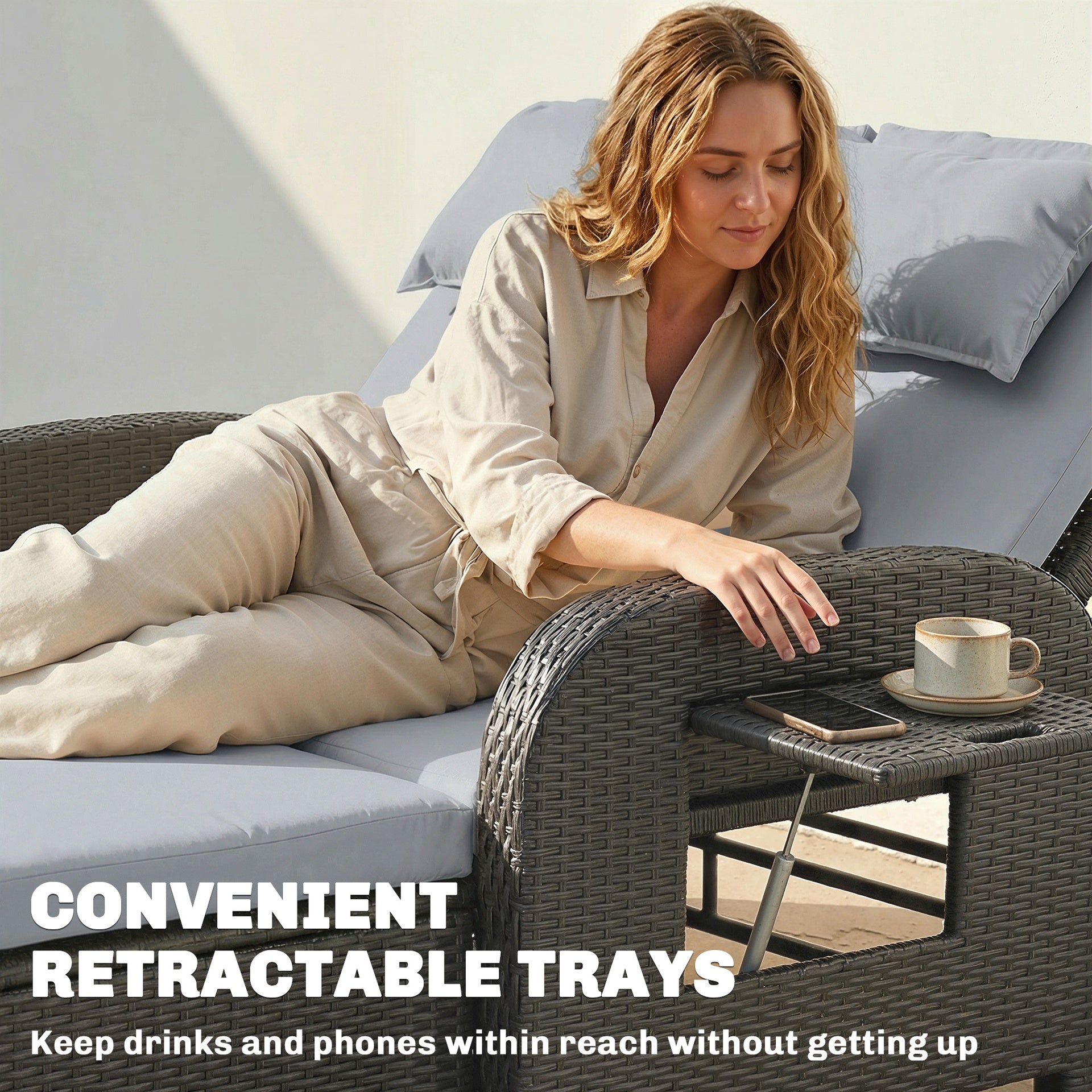Outsunny Patio Rattan Daybed, Wicker Outdoor Daybed with Storage Ottoman, Loveseat w/ Adjustable Backrest, Gray