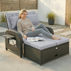 Outsunny Patio Rattan Daybed, Wicker Outdoor Daybed with Storage Ottoman, Loveseat w/ Adjustable Backrest, Gray