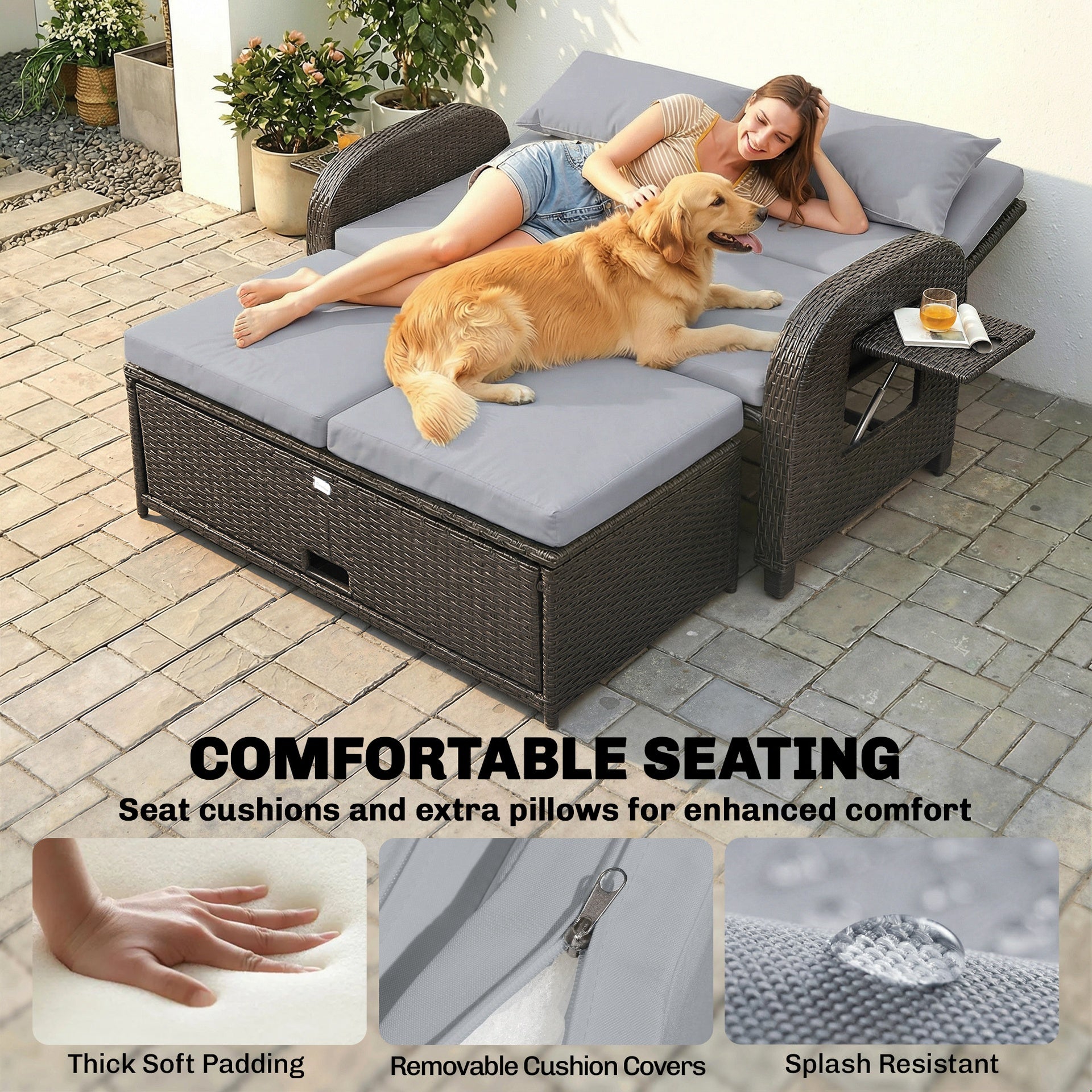 Outsunny Patio Rattan Daybed, Wicker Outdoor Daybed with Storage Ottoman, Loveseat w/ Adjustable Backrest, Gray
