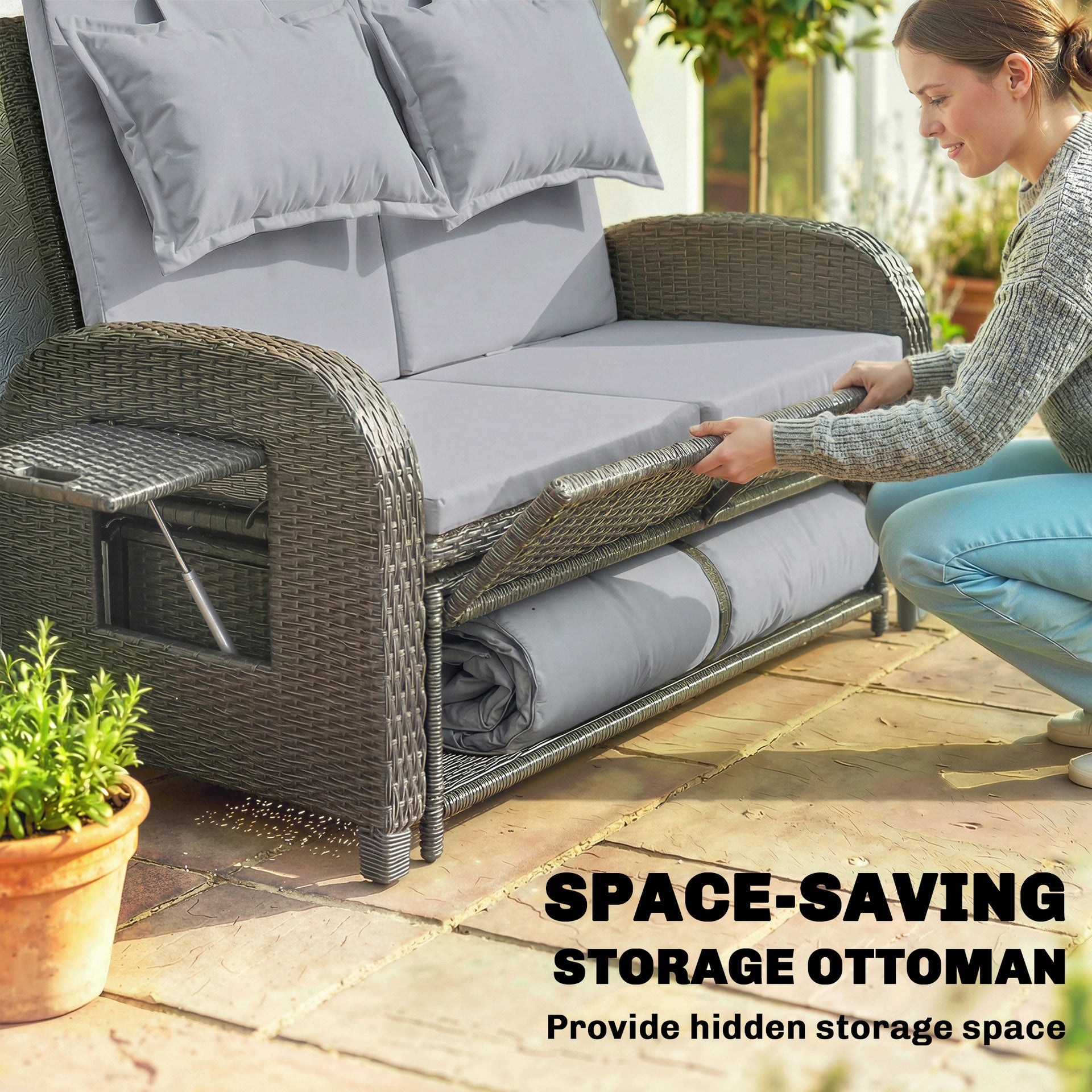 Outsunny Patio Rattan Daybed, Wicker Outdoor Daybed with Storage Ottoman, Loveseat w/ Adjustable Backrest, Gray