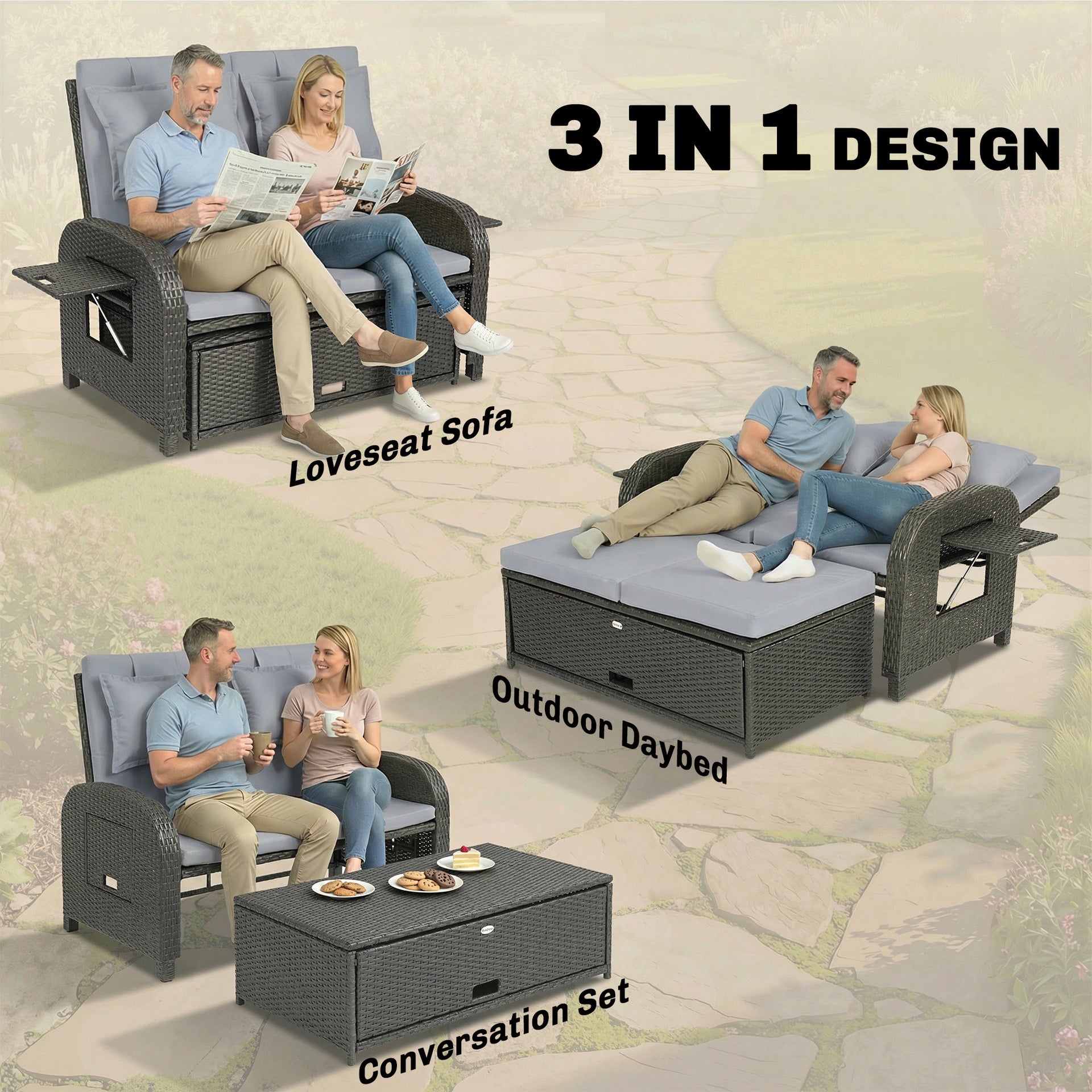 Outsunny Patio Rattan Daybed, Wicker Outdoor Daybed with Storage Ottoman, Loveseat w/ Adjustable Backrest, Gray