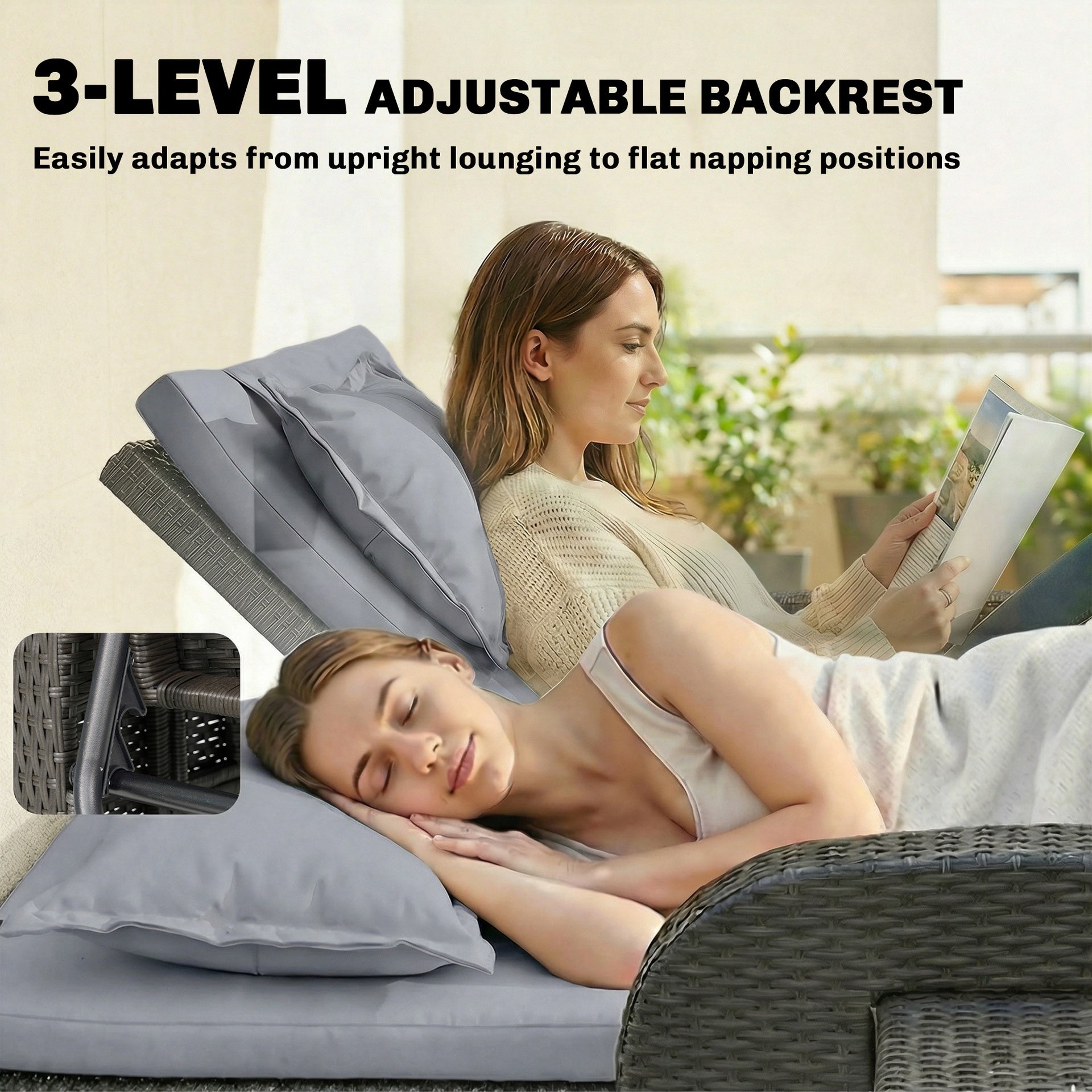 Outsunny Patio Rattan Daybed, Wicker Outdoor Daybed with Storage Ottoman, Loveseat w/ Adjustable Backrest, Gray