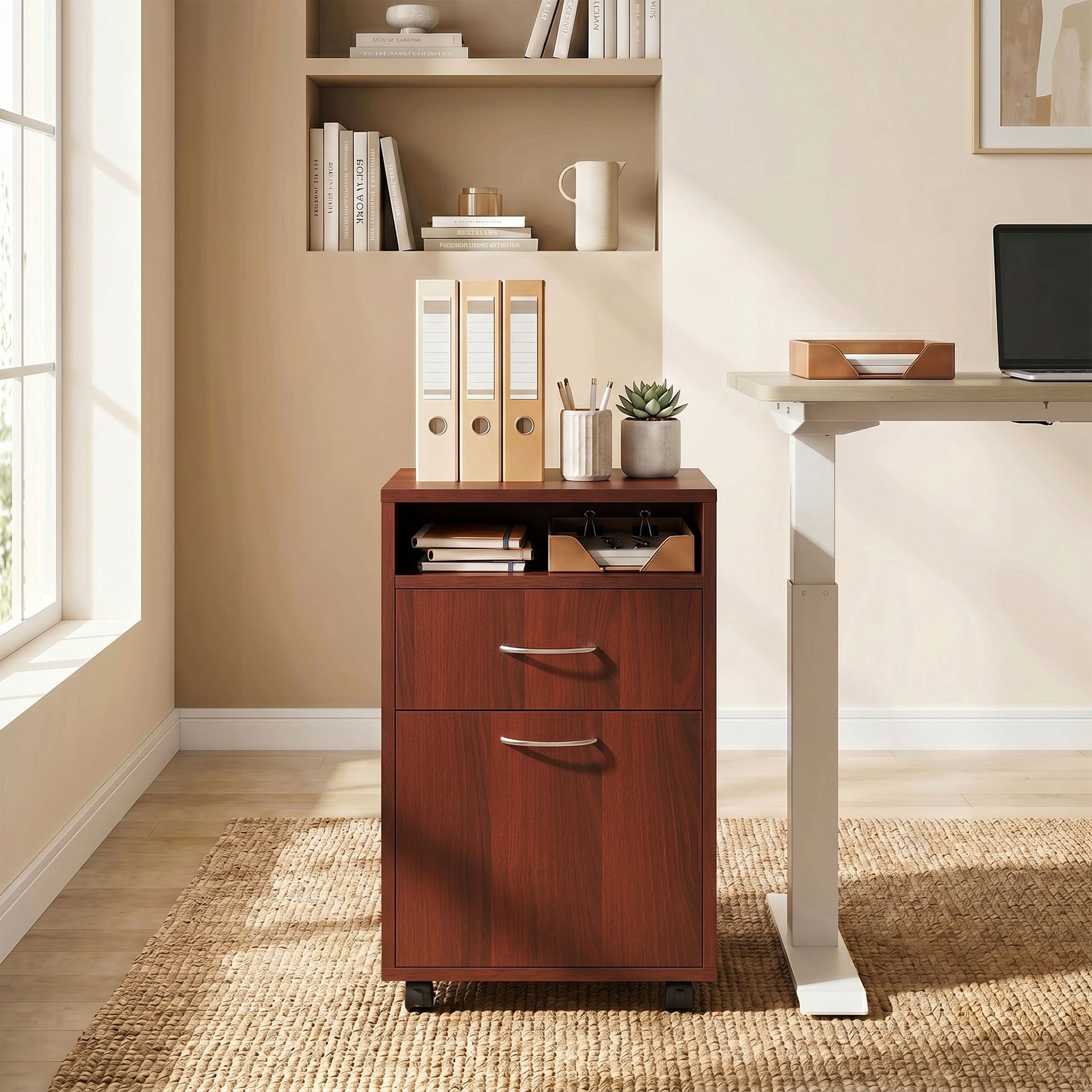 HOMCOM Mobile Storage Cabinet Organizer with Drawer and Cabinet, Printer Stand with Castors, Brown