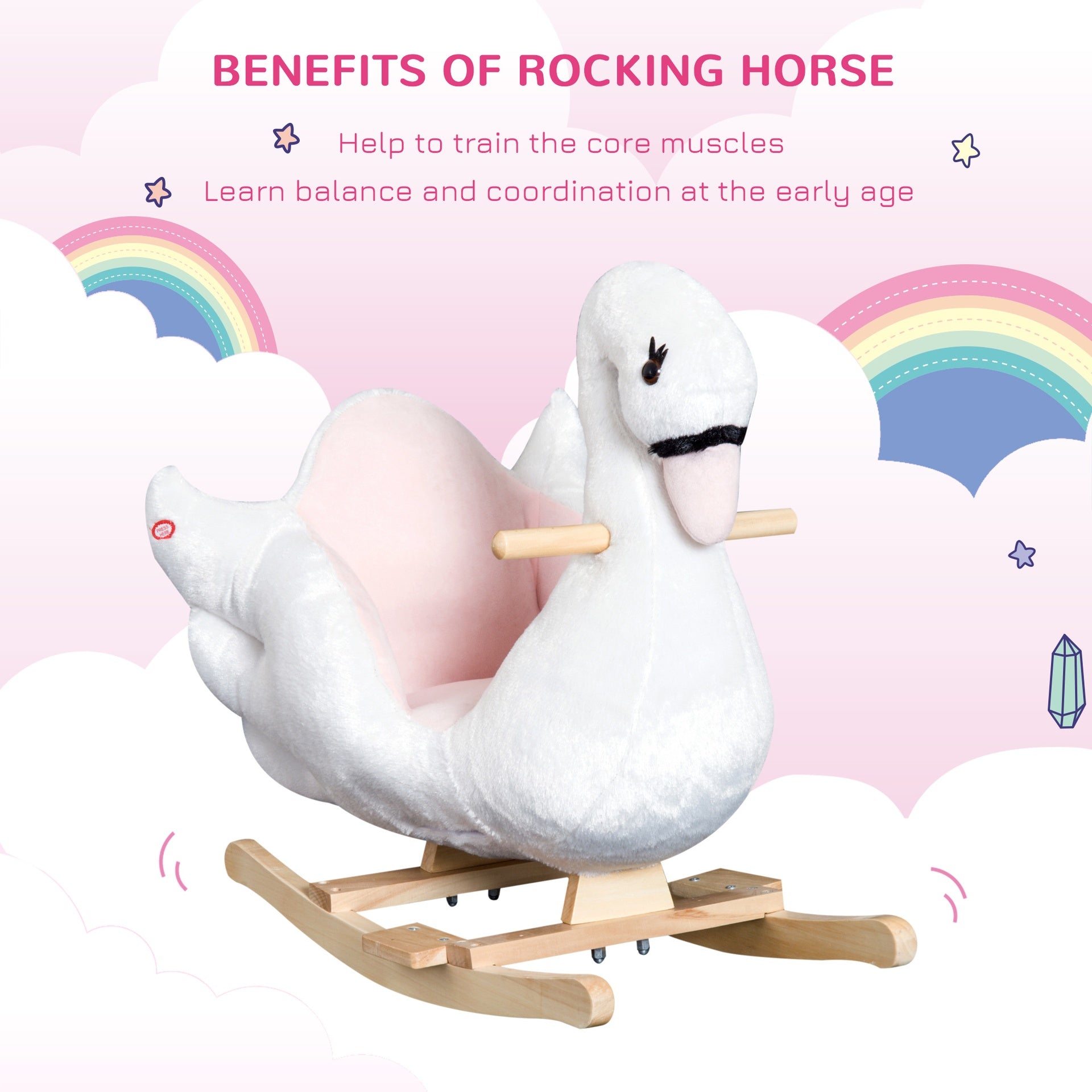 Qaba Kids Ride On Rocking Horse Plush Swan Style Toy with Music for Over 18 Months Children, White and Pink