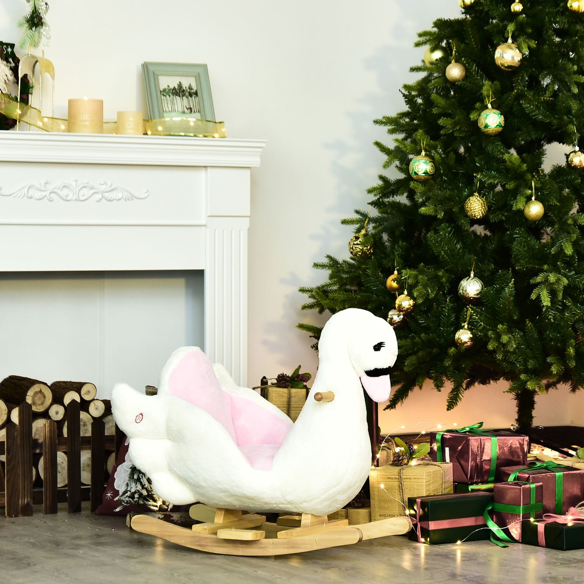 Qaba Kids Ride On Rocking Horse Plush Swan Style Toy with Music for Over 18 Months Children, White and Pink