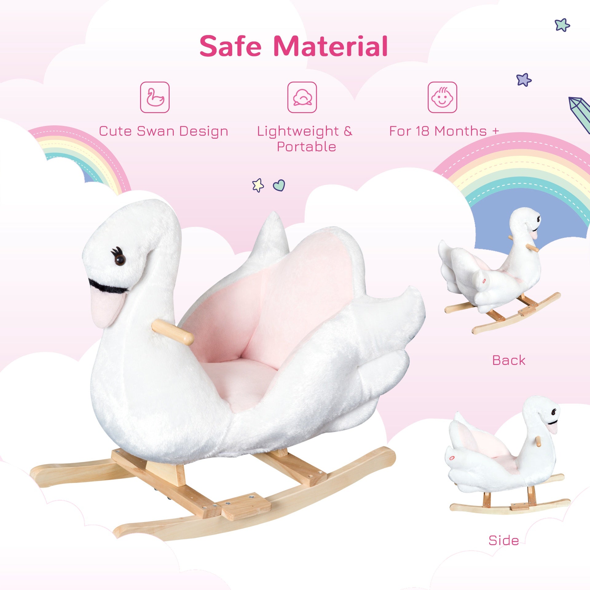 Qaba Kids Ride On Rocking Horse Plush Swan Style Toy with Music for Over 18 Months Children, White and Pink