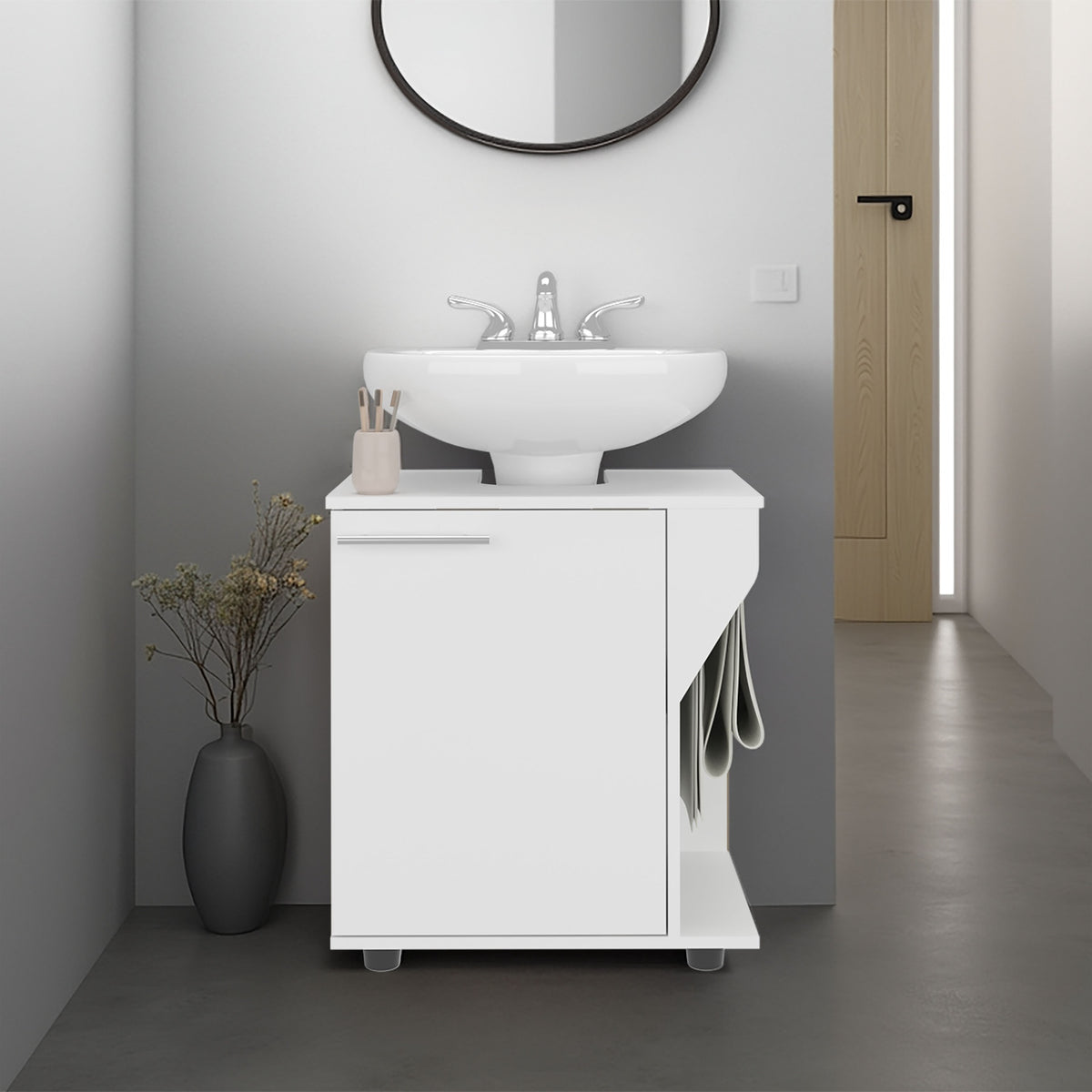 Phillips Under Sink Cabinet, Double Door Storage with Open Back for Pipes, Wide Unit, Freestanding Cabinet, White