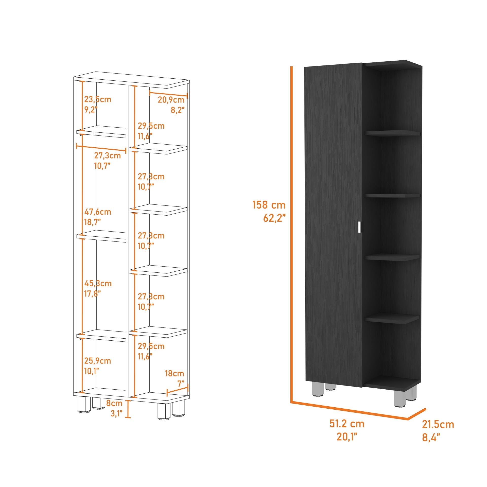 Urano Mirror Linen Cabinet, Four Interior  Shelves, Five External Shelves -Black