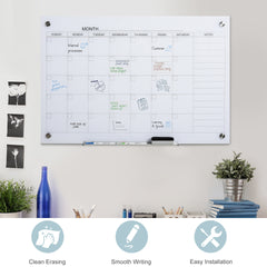 Vinsetto 35"x23" Dry Erase Wall Calendar Glass Whiteboard Monthly Planner for Homeschool Supplies & Home Office Organization with 4 Markers and 1 Eraser,Frameless