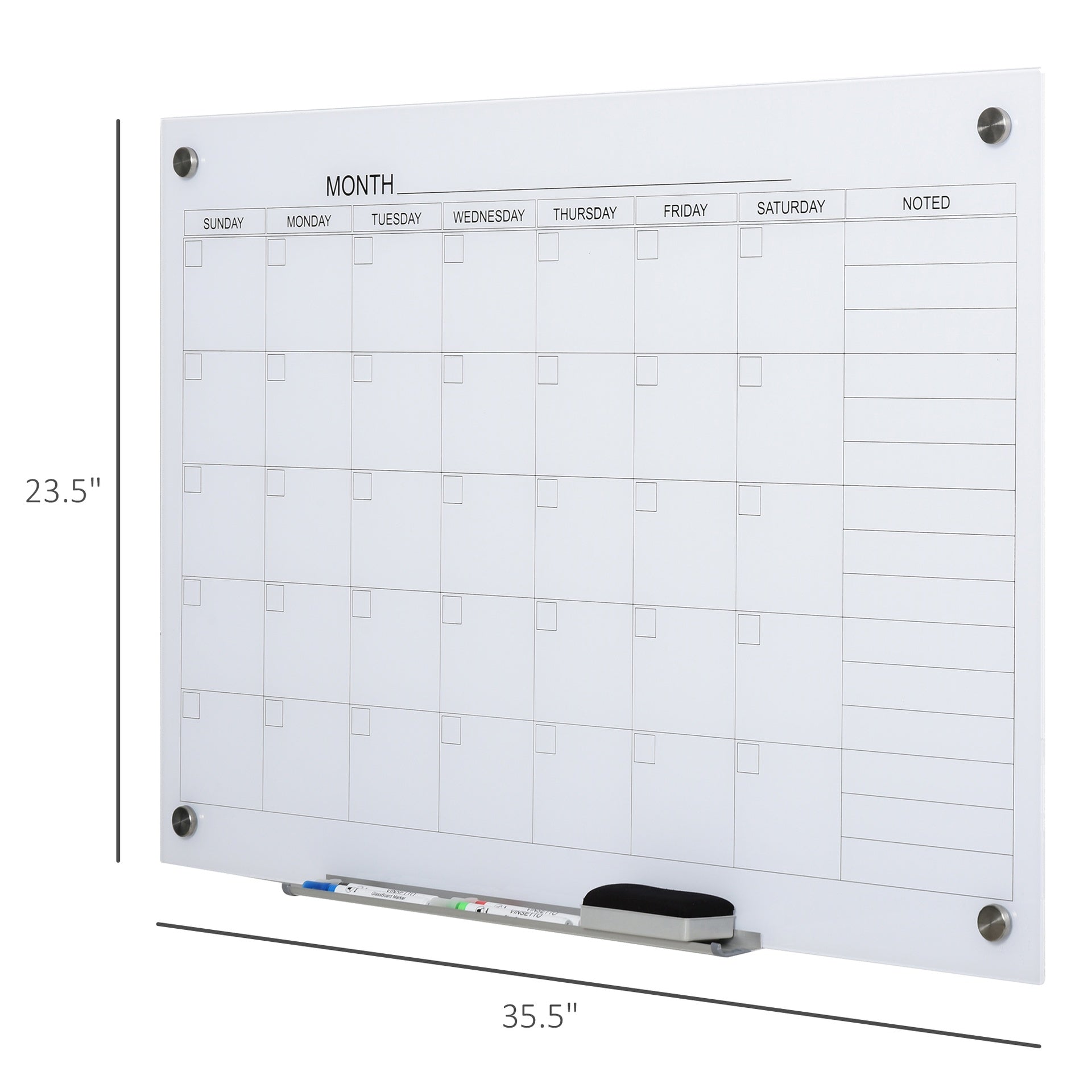 Vinsetto 35"x23" Dry Erase Wall Calendar Glass Whiteboard Monthly Planner for Homeschool Supplies & Home Office Organization with 4 Markers and 1 Eraser,Frameless