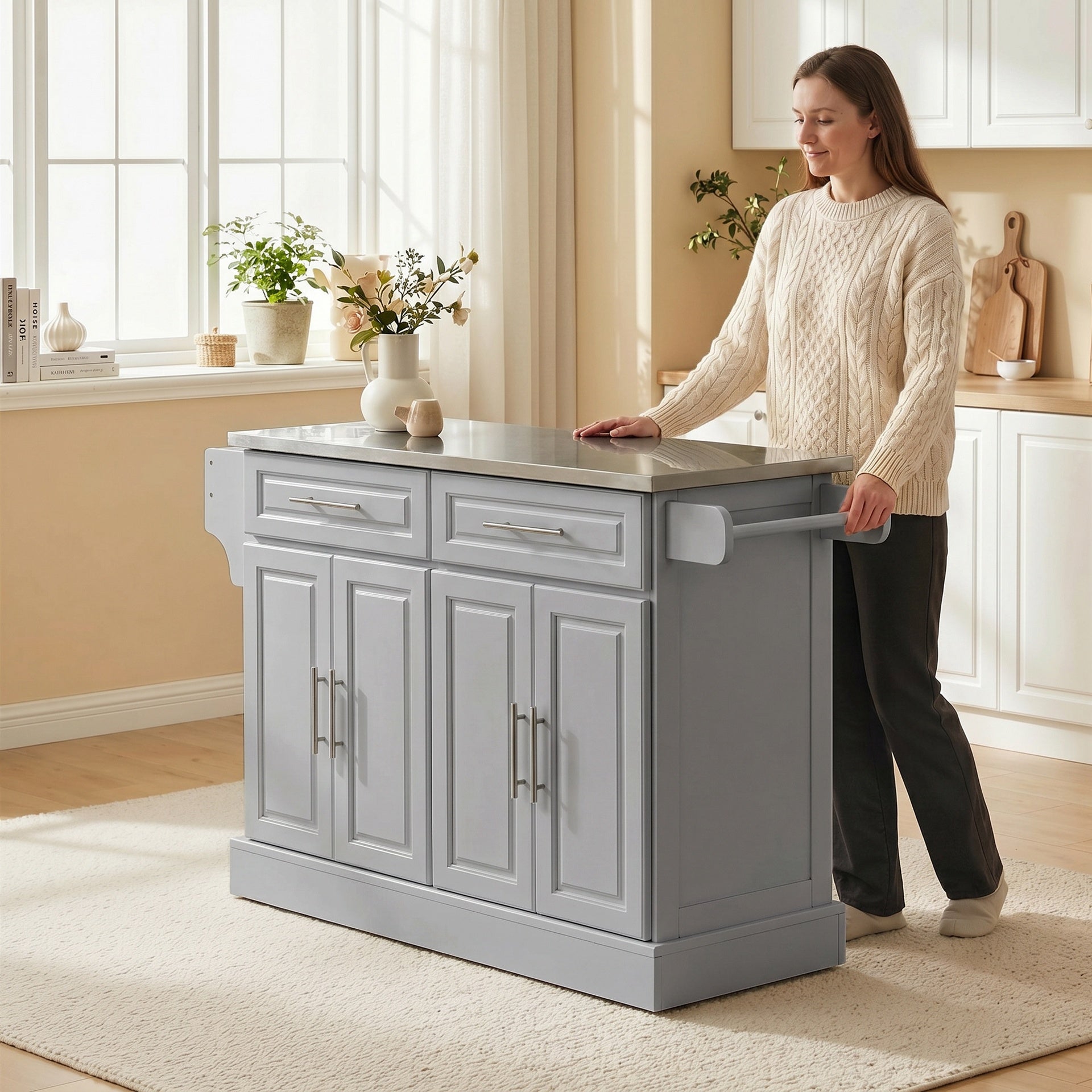 HOMCOM Rolling Kitchen Island Cart with 47" Stainless Steel Top, Portable Island Table for Kitchen with Wheels, Adjustable Shelves, 2 Drawers, Spice, Knife and Towel Rack, Gray