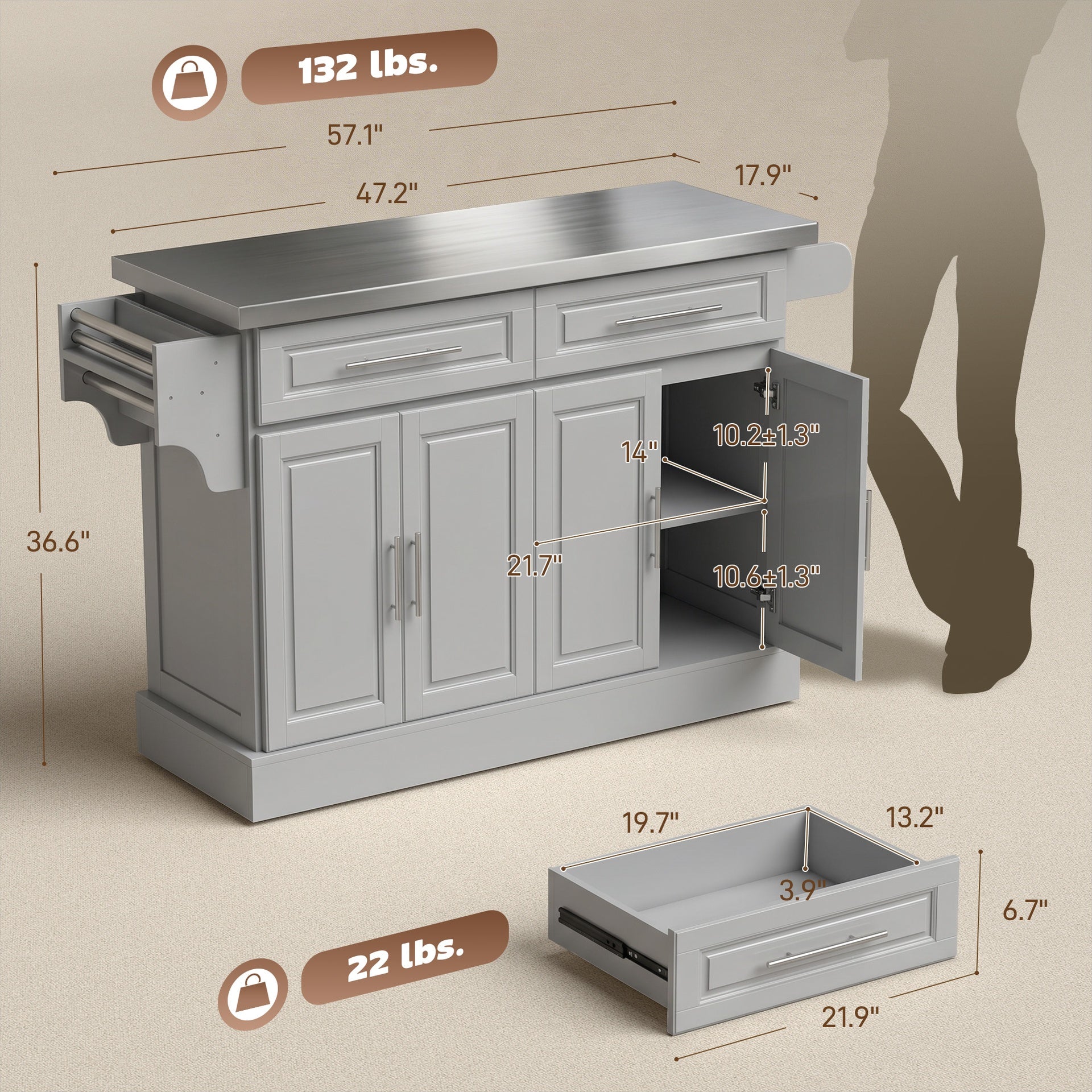HOMCOM Rolling Kitchen Island Cart with 47" Stainless Steel Top, Portable Island Table for Kitchen with Wheels, Adjustable Shelves, 2 Drawers, Spice, Knife and Towel Rack, Gray