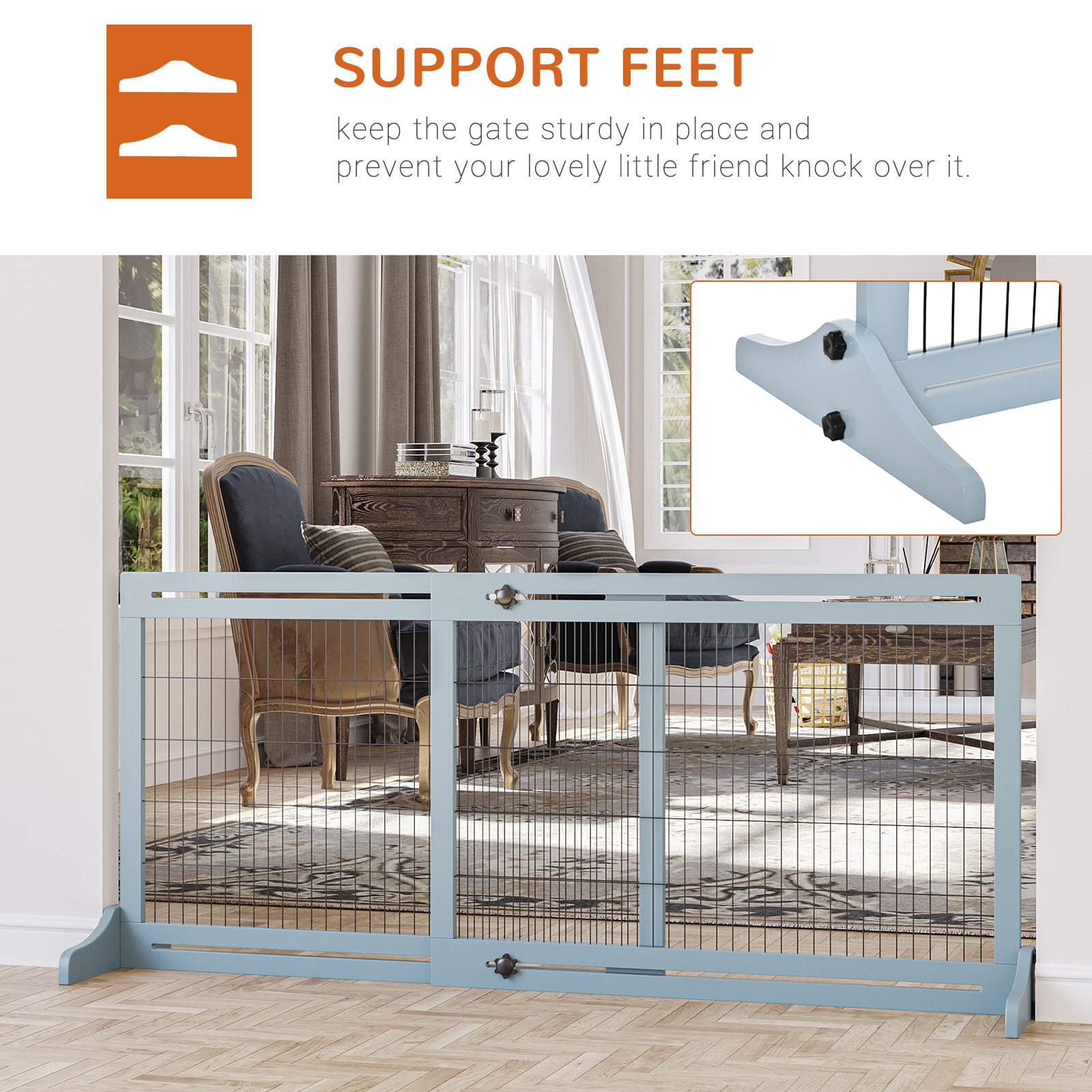 PawHut 71" W x 27.25" H Extra Wide Freestanding Pet Gate with Adjustable Length Dog, Cat, Barrier for House, Doorway, Hallway, Blue-Gray