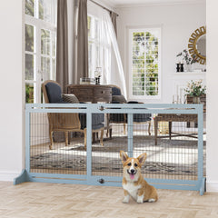 PawHut 71" W x 27.25" H Extra Wide Freestanding Pet Gate with Adjustable Length Dog, Cat, Barrier for House, Doorway, Hallway, Blue-Gray