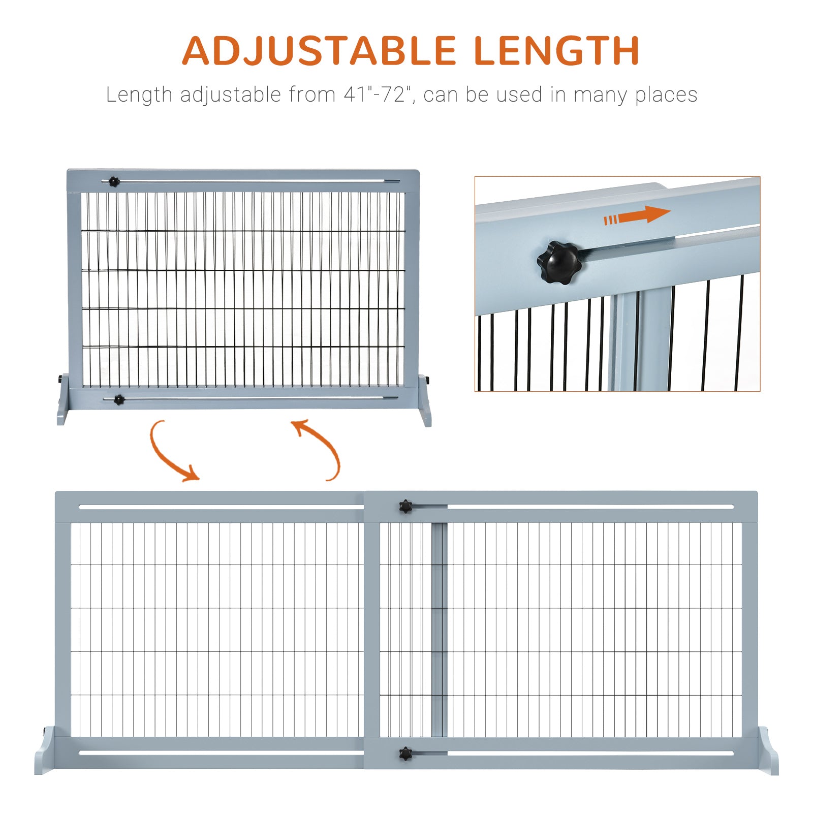 PawHut 71" W x 27.25" H Extra Wide Freestanding Pet Gate with Adjustable Length Dog, Cat, Barrier for House, Doorway, Hallway, Blue-Gray