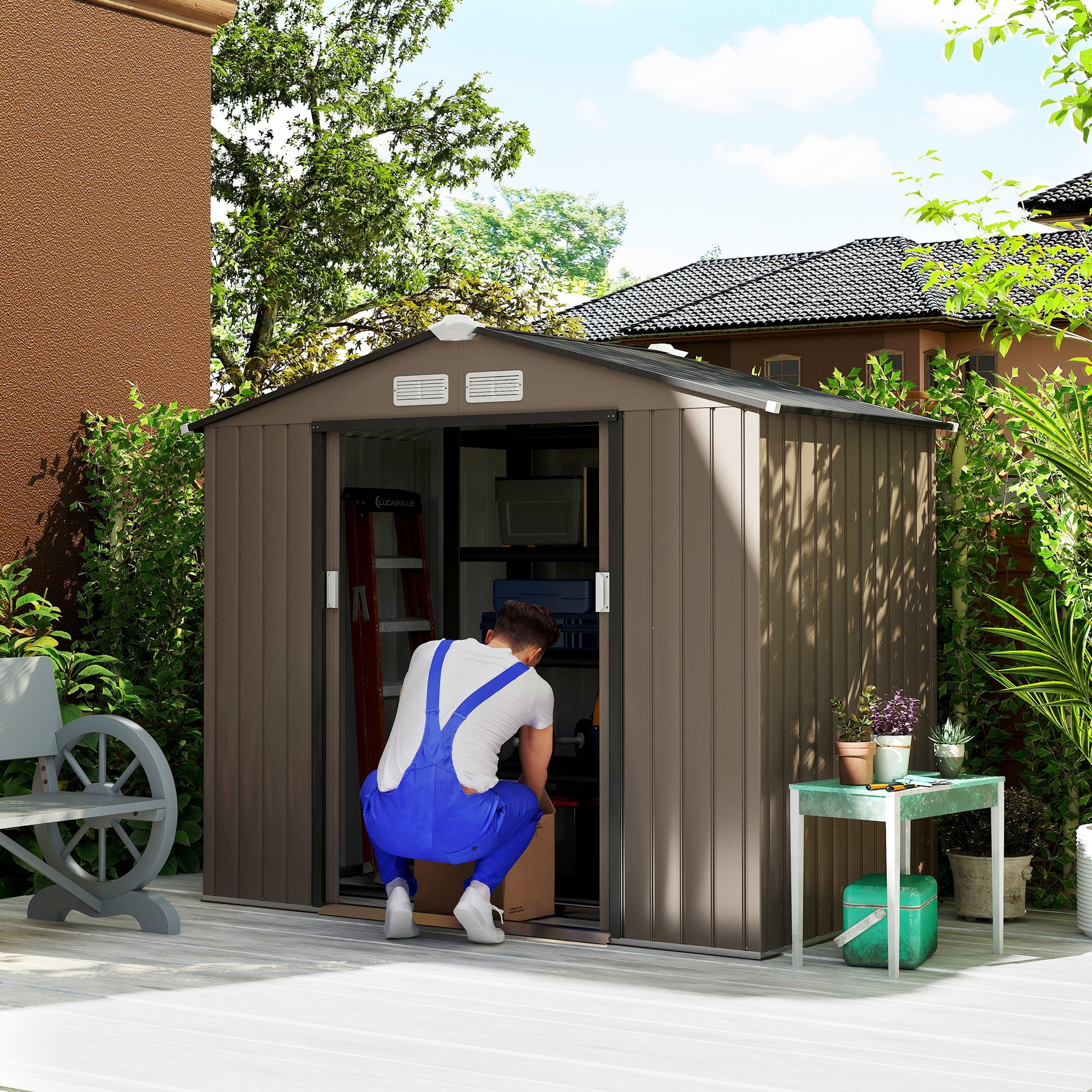 Outsunny 7x4 Storage Shed, Outdoor Garden Tool Shed with Foundation Kit, Vents & Sliding Doors for Backyard Patio, Brown