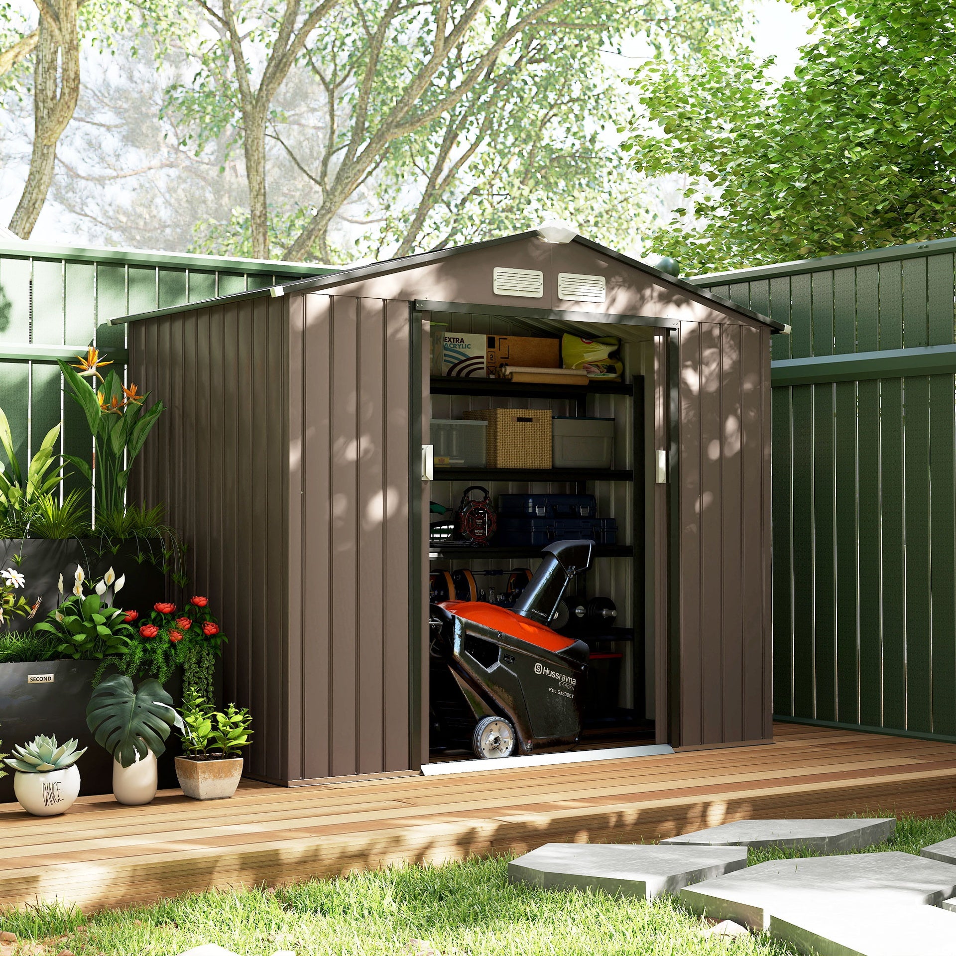 Outsunny 7x4 Storage Shed, Outdoor Garden Tool Shed with Foundation Kit, Vents & Sliding Doors for Backyard Patio, Brown