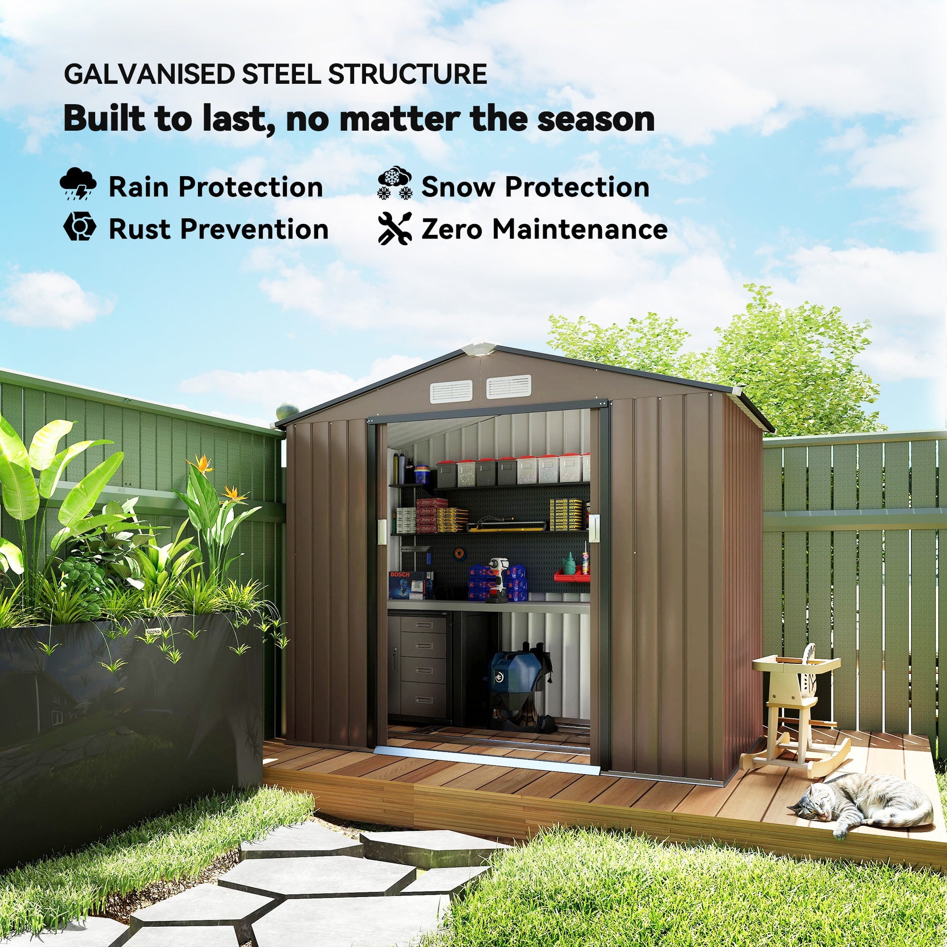 Outsunny 7x4 Storage Shed, Outdoor Garden Tool Shed with Foundation Kit, Vents & Sliding Doors for Backyard Patio, Brown