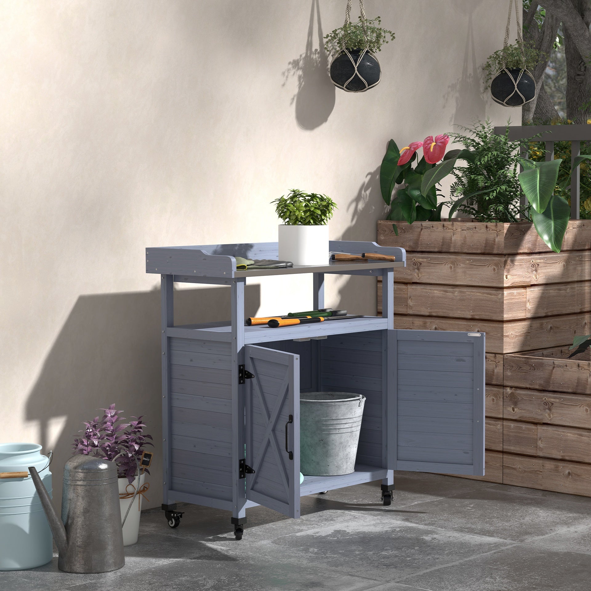 Outsunny Outdoor Wooden Potting Bench with Storage Cabinet, Aluminum Tabletop, Rubber Wheels for Backyard, Patio, Balcony, Gray