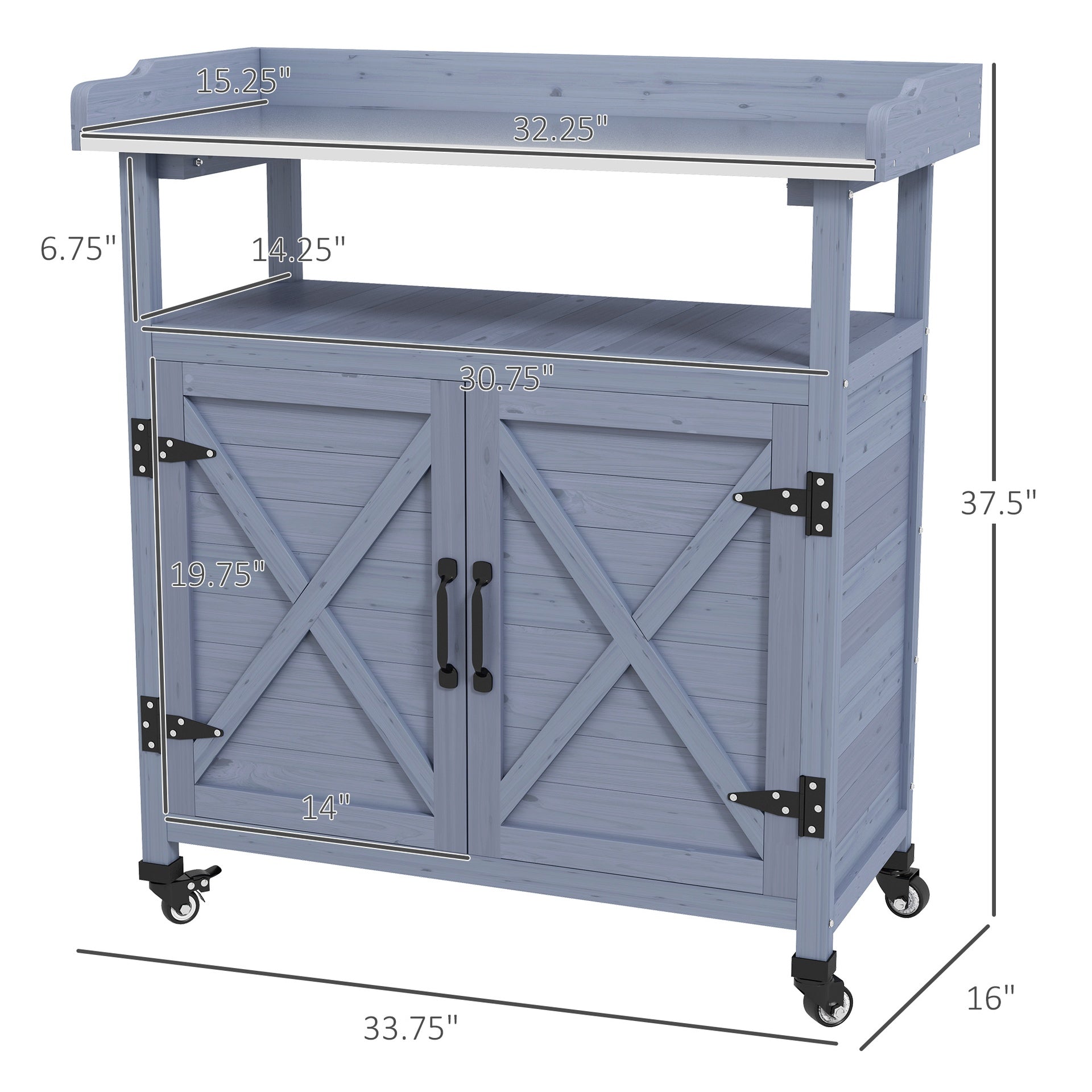 Outsunny Outdoor Wooden Potting Bench with Storage Cabinet, Aluminum Tabletop, Rubber Wheels for Backyard, Patio, Balcony, Gray