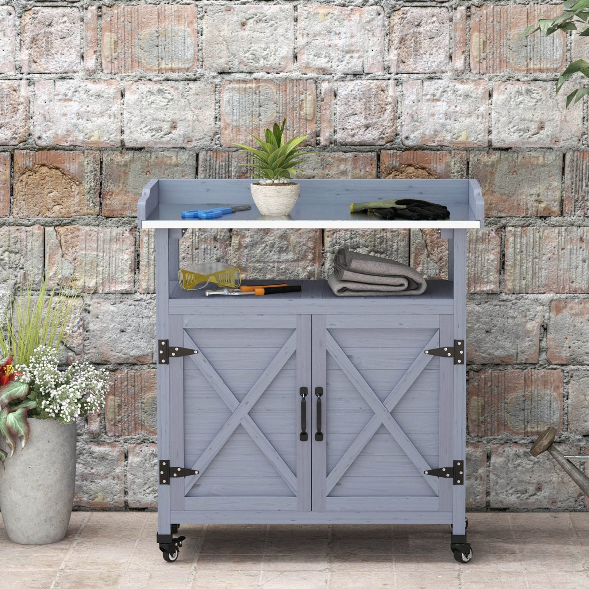 Outsunny Outdoor Wooden Potting Bench with Storage Cabinet, Aluminum Tabletop, Rubber Wheels for Backyard, Patio, Balcony, Gray