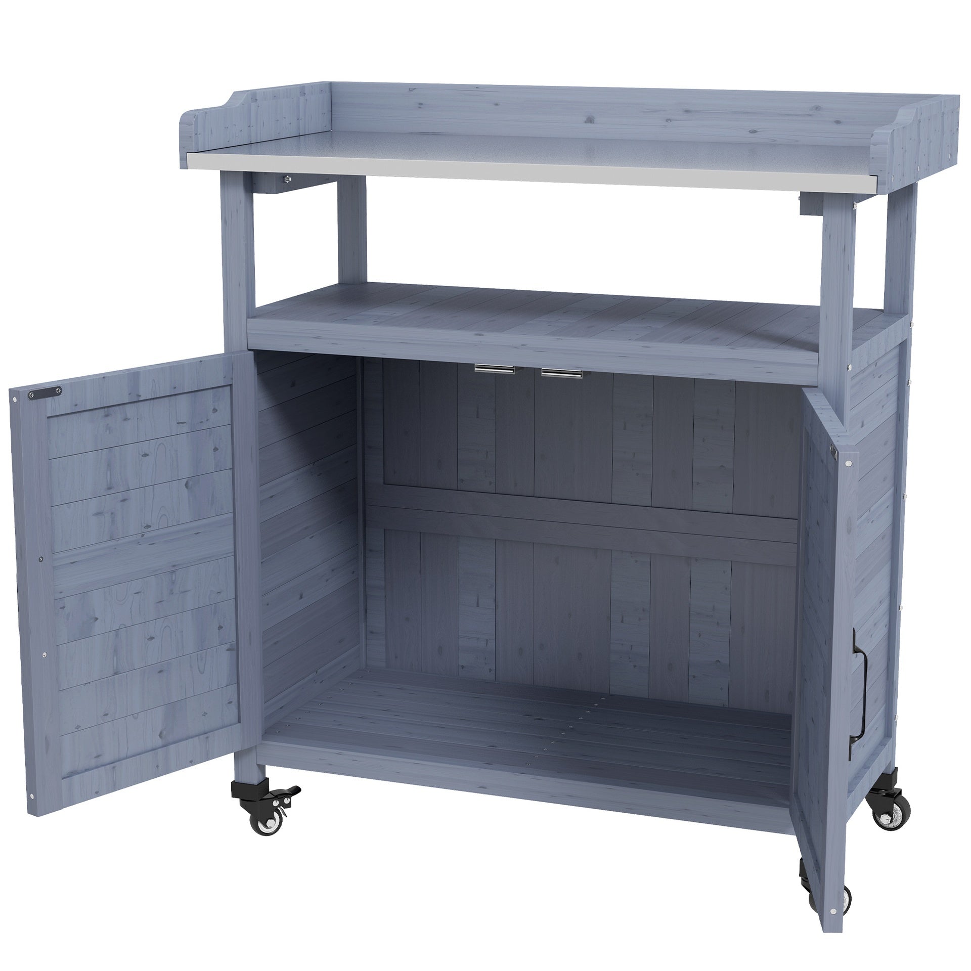 Outsunny Outdoor Wooden Potting Bench with Storage Cabinet, Aluminum Tabletop, Rubber Wheels for Backyard, Patio, Balcony, Gray