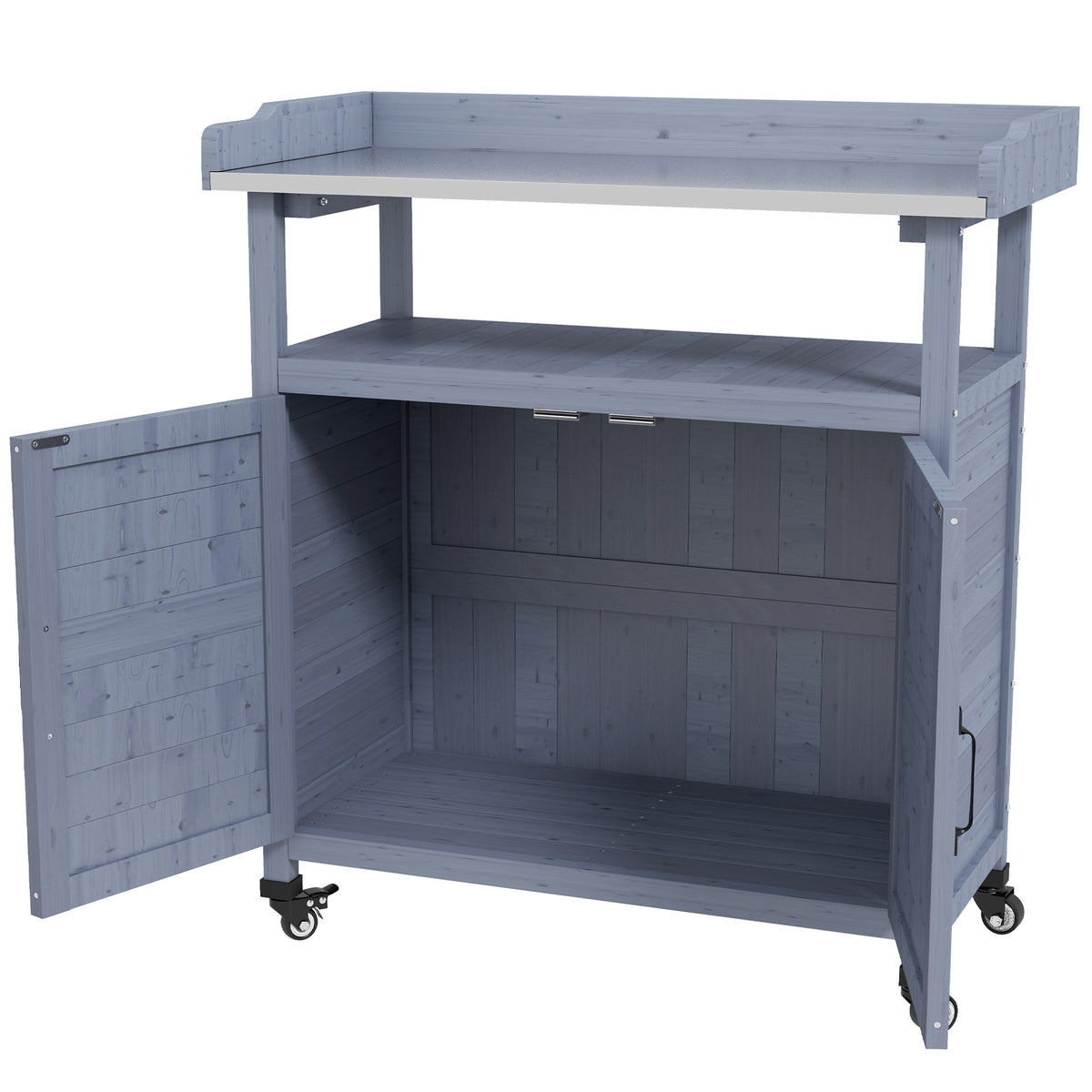 Outsunny Outdoor Wooden Potting Bench with Storage Cabinet, Aluminum Tabletop, Rubber Wheels for Backyard, Patio, Balcony, Gray