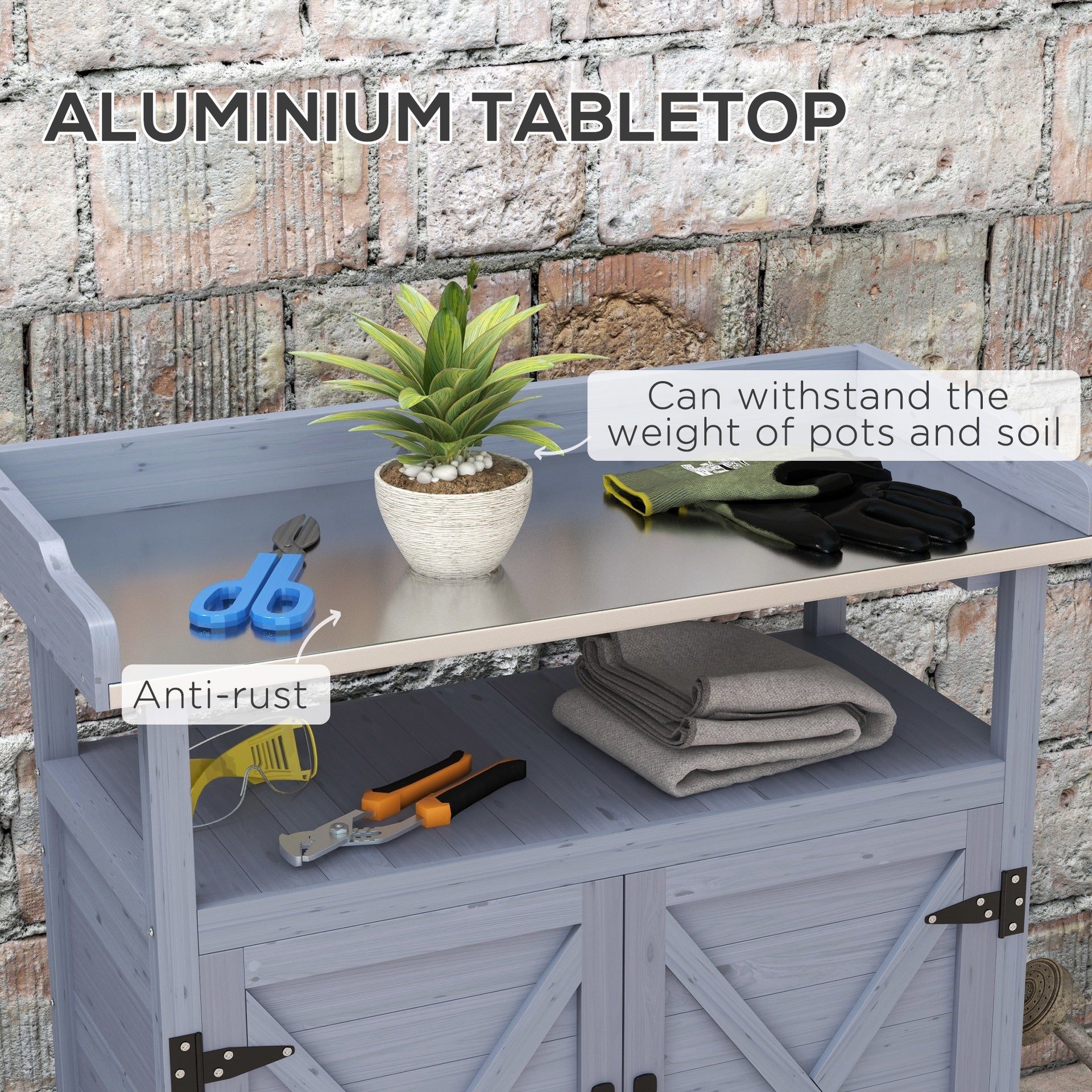 Outsunny Outdoor Wooden Potting Bench with Storage Cabinet, Aluminum Tabletop, Rubber Wheels for Backyard, Patio, Balcony, Gray