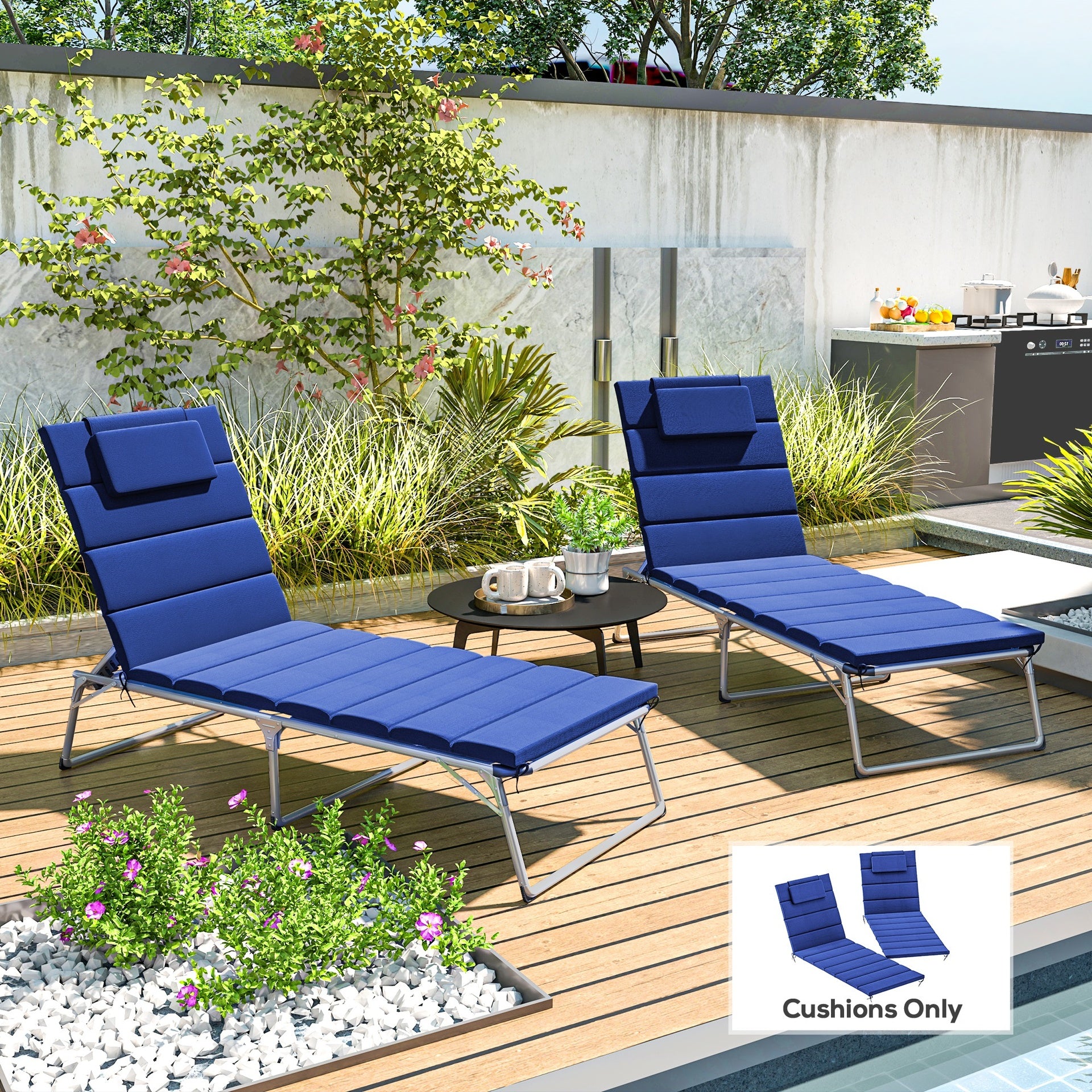 Outsunny Foldable Chaise Lounge Cushion Set of 2, Outdoor Lounge Chair Cushion Set, UPF50+ 230gsm Olefin, 80" x 26" Dark Blue