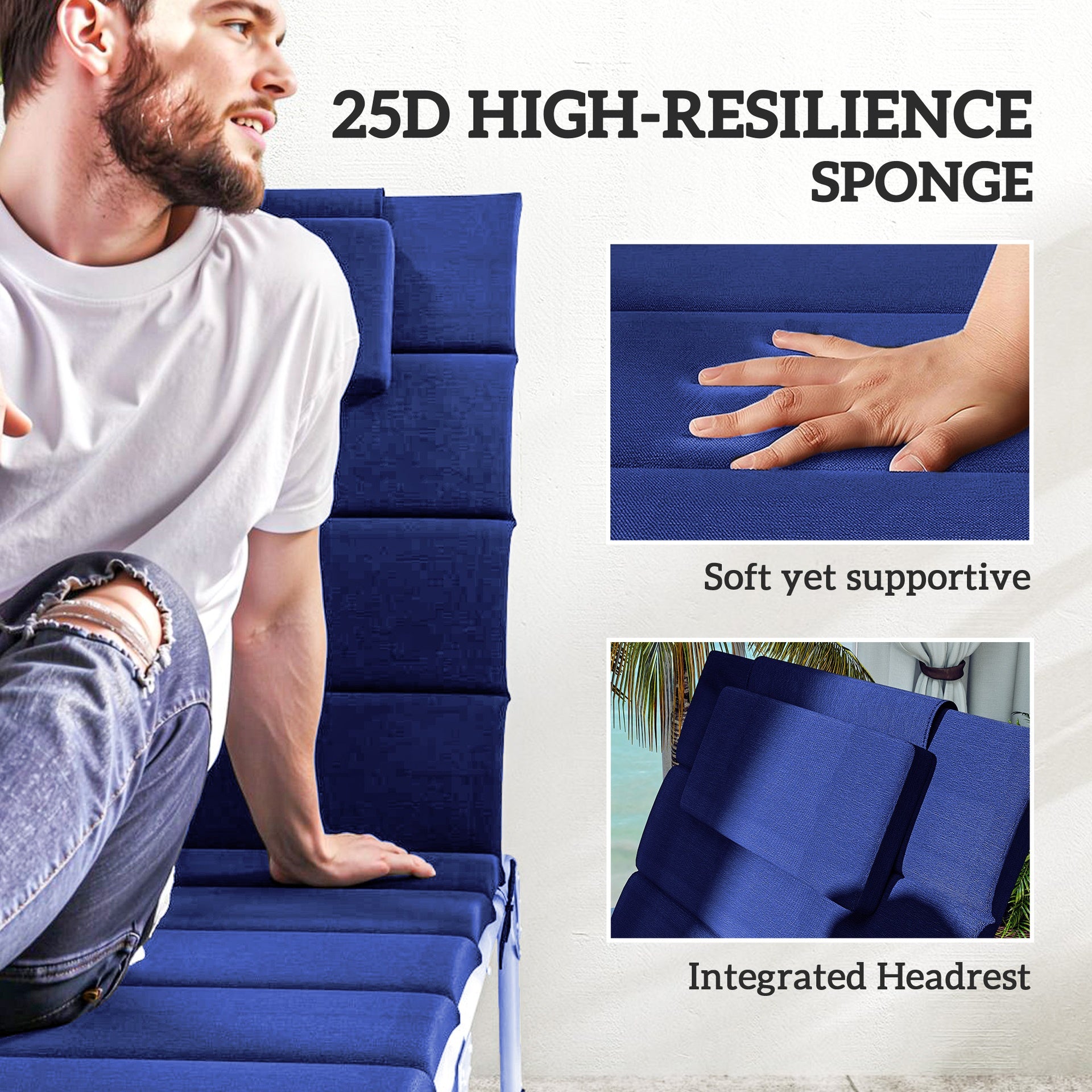 Outsunny Foldable Chaise Lounge Cushion Set of 2, Outdoor Lounge Chair Cushion Set, UPF50+ 230gsm Olefin, 80" x 26" Dark Blue