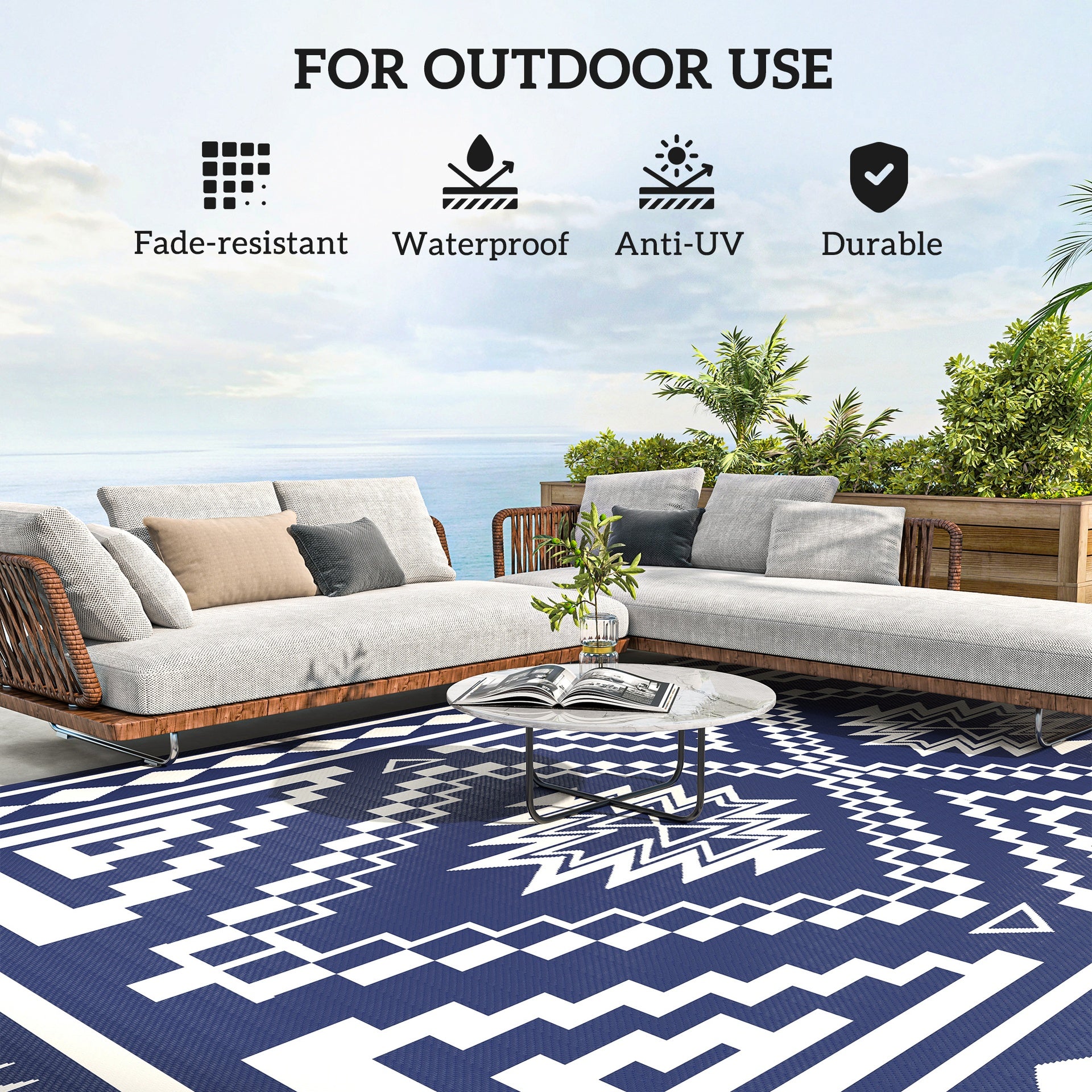 Outsunny Reversible Outdoor Rug, Waterproof Plastic Straw with Carry Bag, 9' x 18', Blue & White Square Patchwork