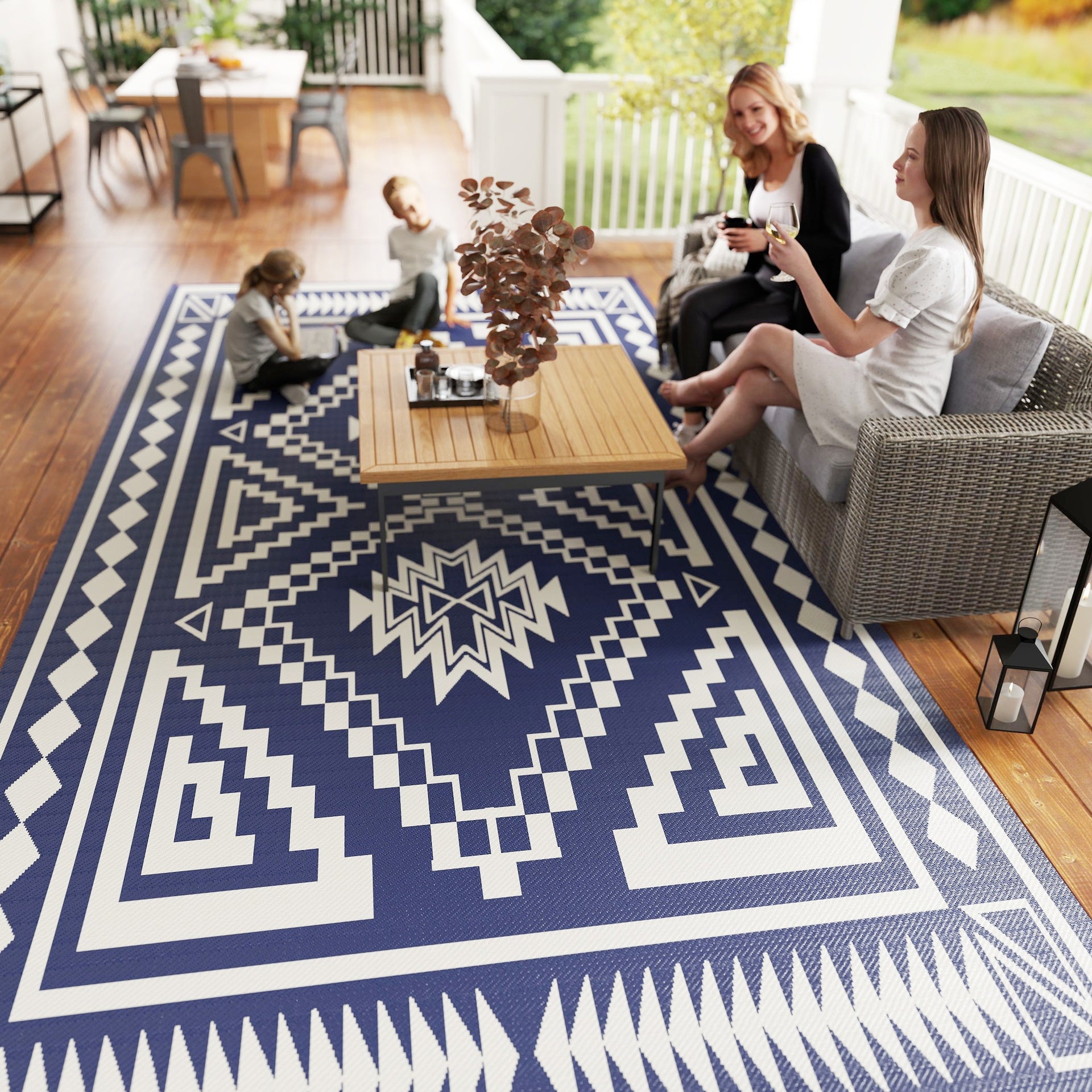 Outsunny Reversible Outdoor Rug, Waterproof Plastic Straw with Carry Bag, 9' x 18', Blue & White Square Patchwork