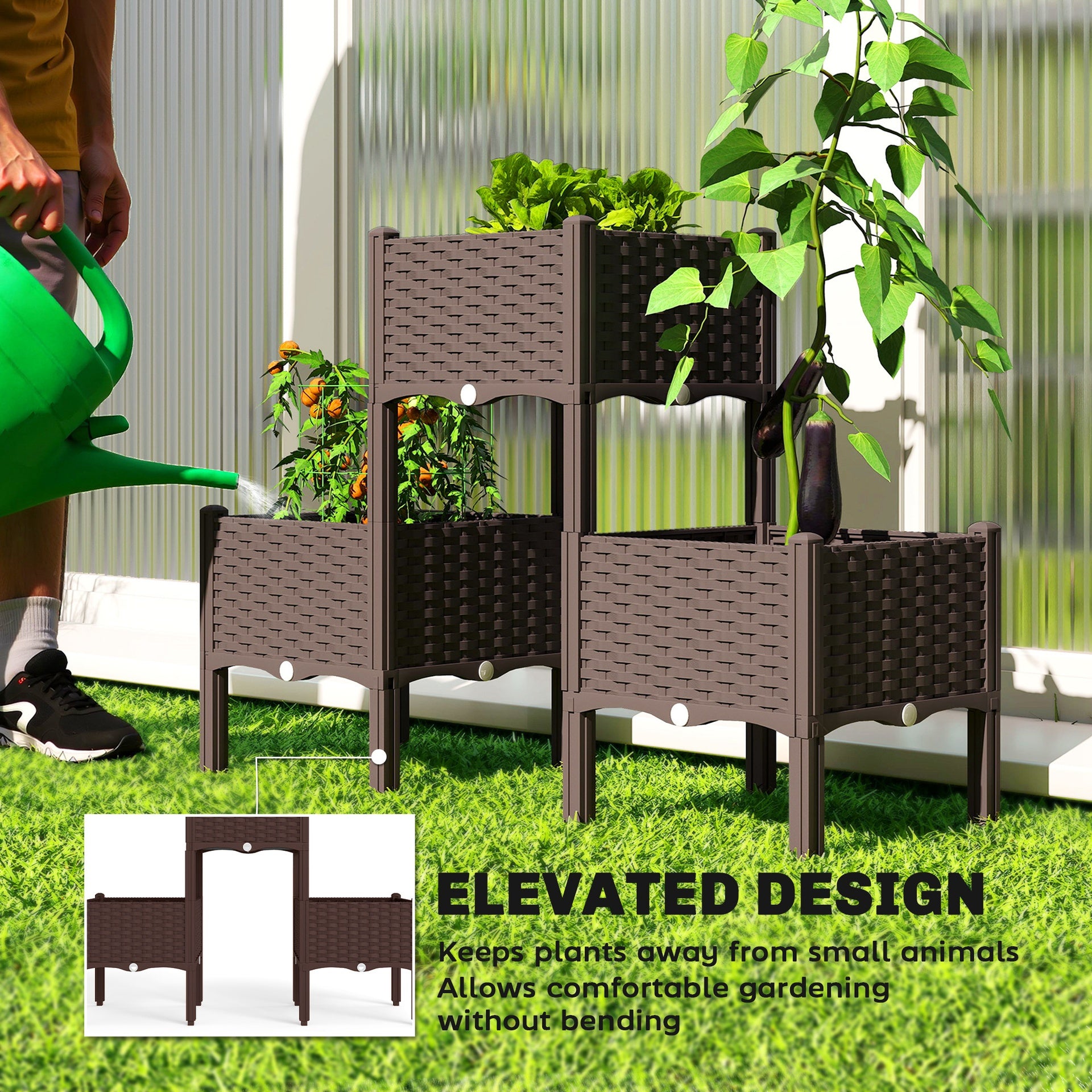 Outsunny Plastic Raised Garden Bed with Legs, Self Watering Elevated Planter Boxes with Drainage Holes and Plugs, Easy Assembly