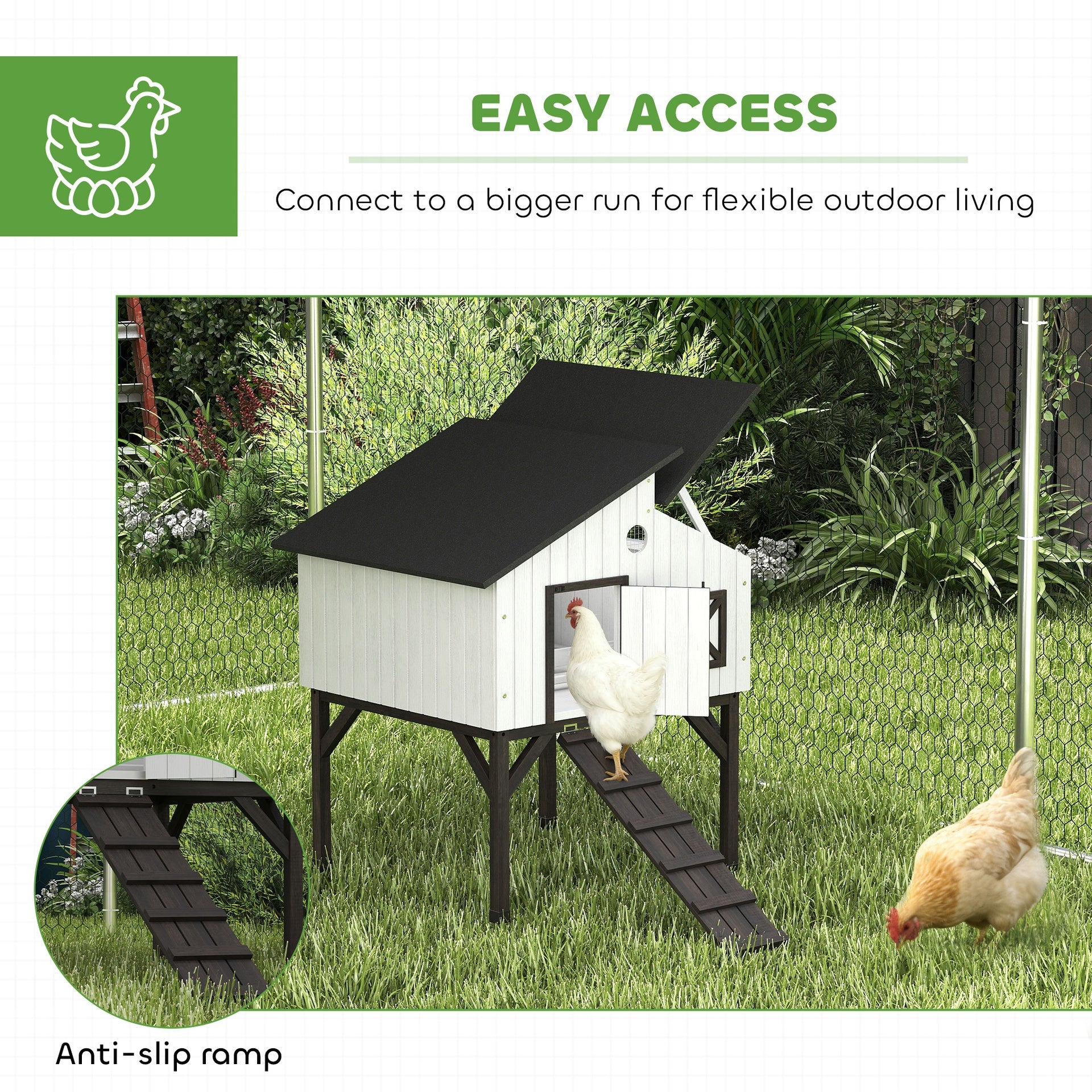 PawHut Chicken Coop Hen House with Nesting Box, Elevated Rabbit Hutch with Ramp, Asphalt Openable Roof and Elevated Legs