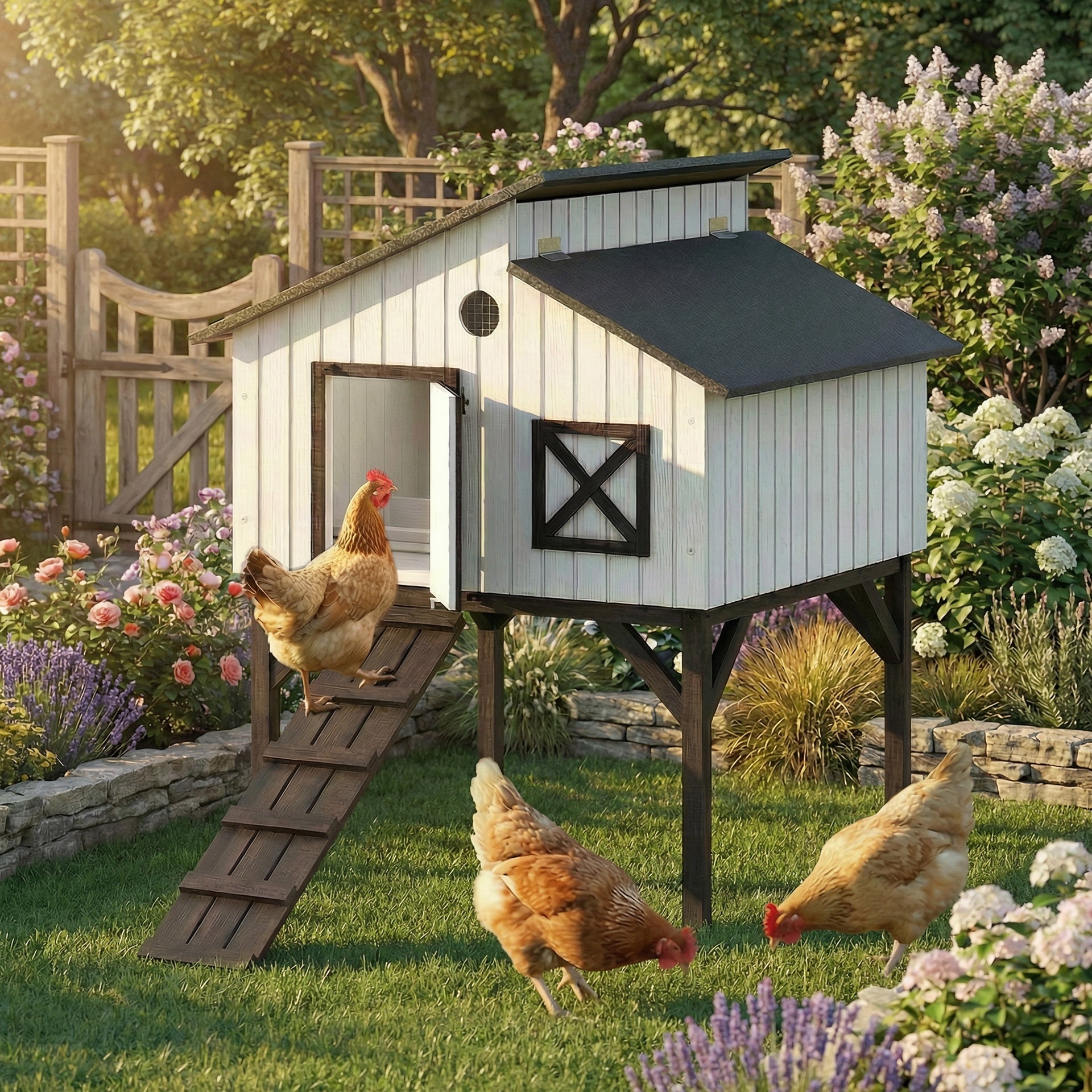 PawHut Chicken Coop Hen House with Nesting Box, Elevated Rabbit Hutch with Ramp, Asphalt Openable Roof and Elevated Legs