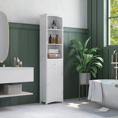 HOMCOM Bathroom Storage Cabinet, Free Standing Bathroom Storage Unit, Tall Linen Tower with 3-Tier Shelves and Drawer, White
