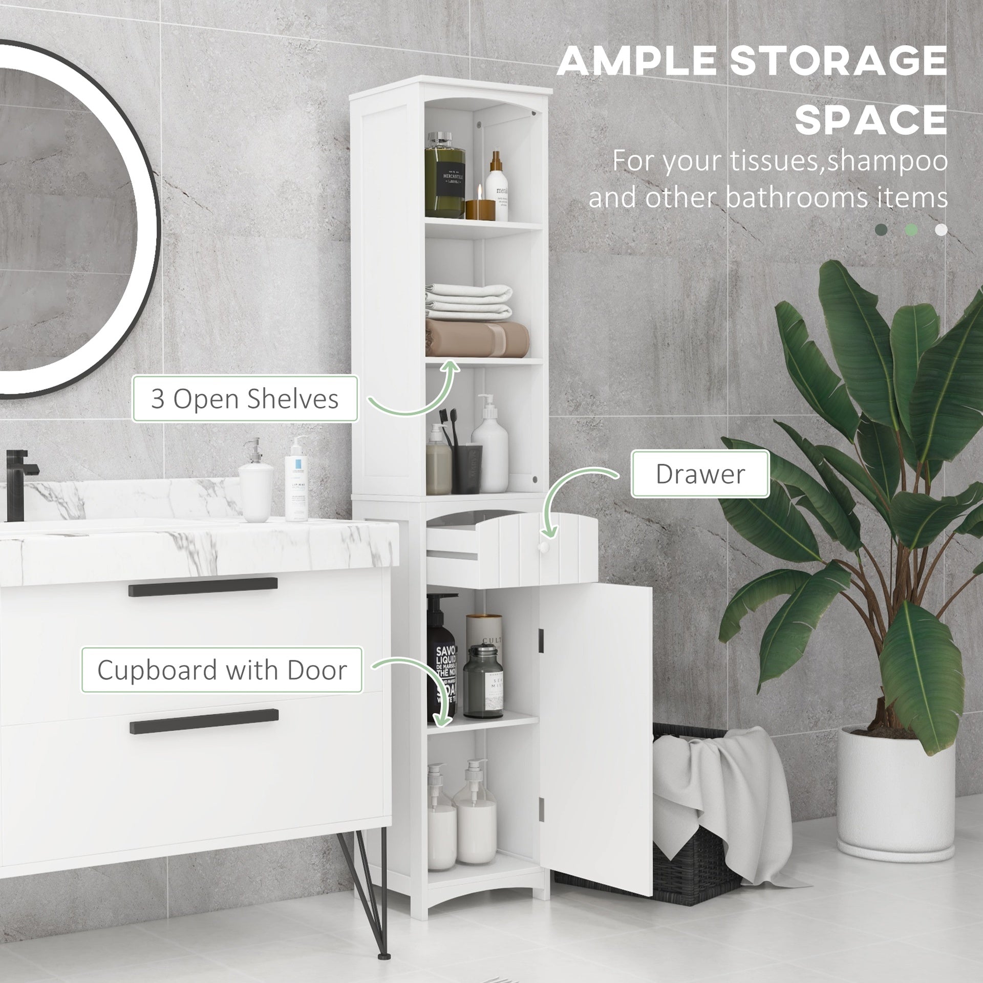 HOMCOM Bathroom Storage Cabinet, Free Standing Bathroom Storage Unit, Tall Linen Tower with 3-Tier Shelves and Drawer, White