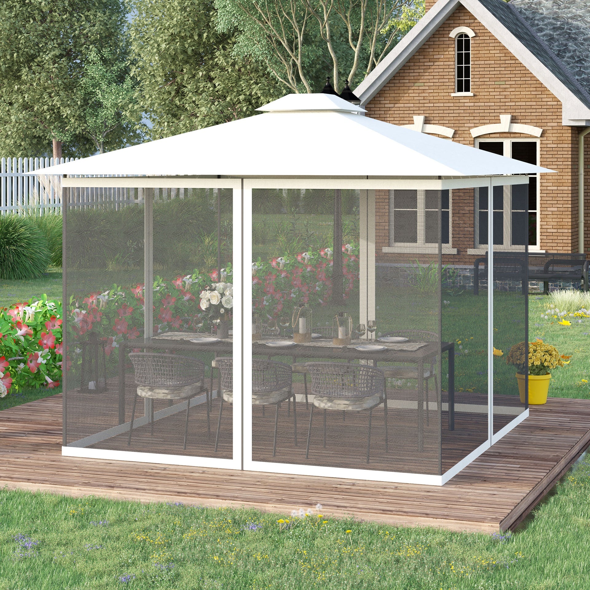Outsunny Universal Replacement Mesh Sidewall Netting for 9.84' x 13.1' Gazebos and Canopy Tents with Zippers, (Sidewall Only) White