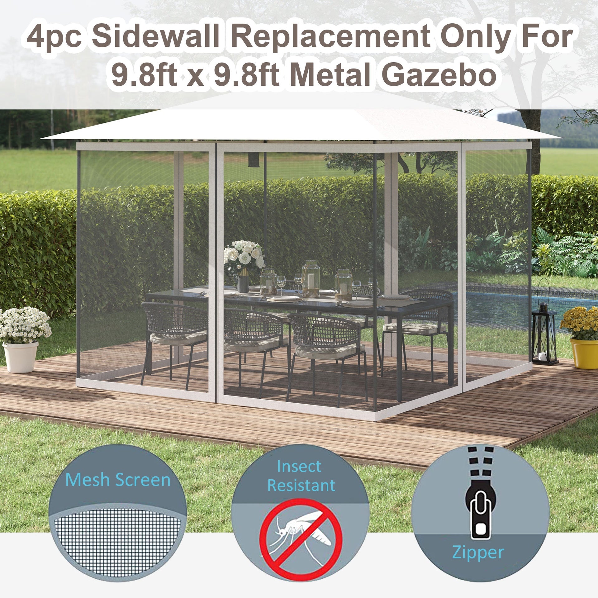 Outsunny Universal Replacement Mesh Sidewall Netting for 9.84' x 13.1' Gazebos and Canopy Tents with Zippers, (Sidewall Only) White