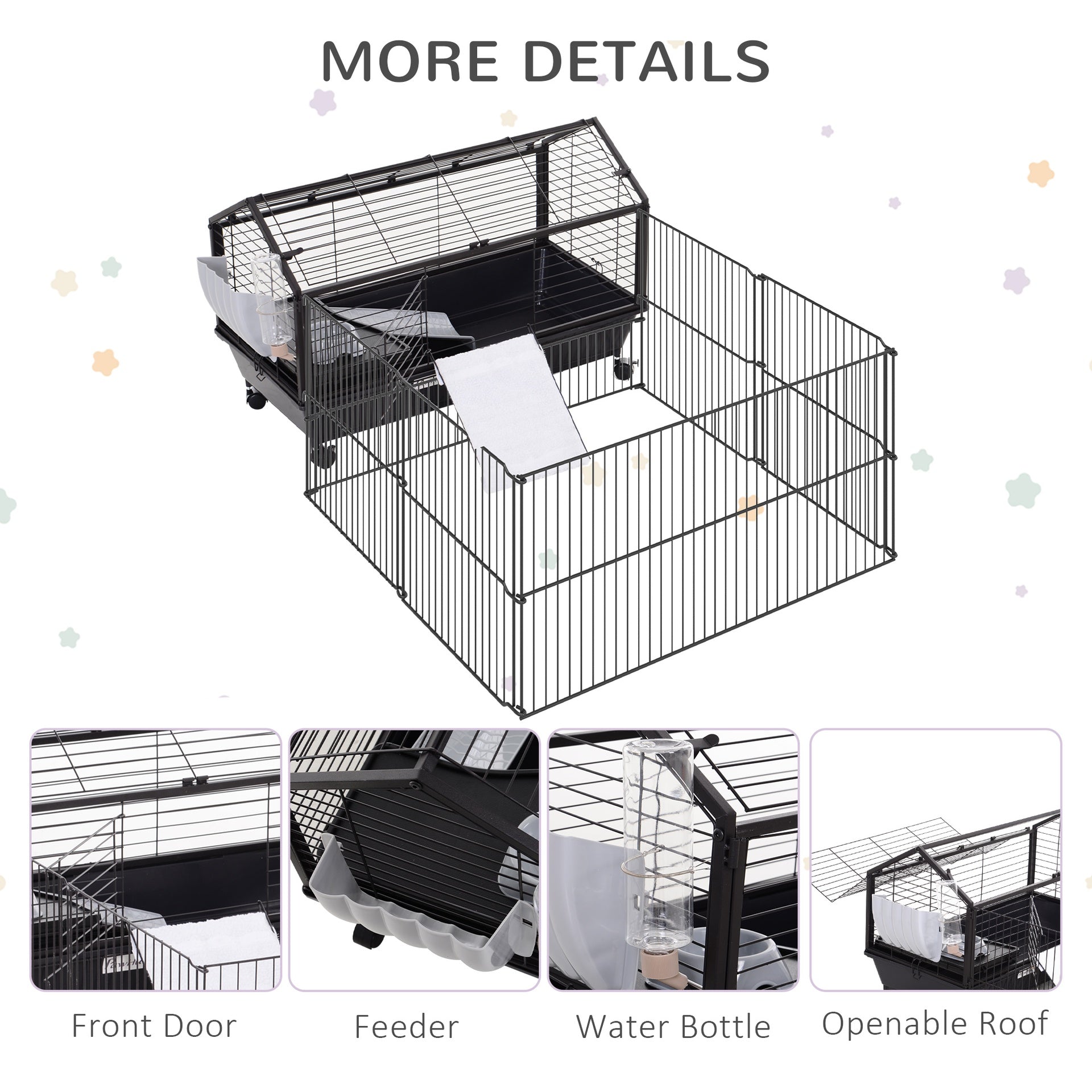 PawHut Rolling Metal Rabbit, Guinea Pig, or Small Animal Hutch Cage with Main House and Run