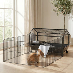 PawHut Rolling Metal Rabbit, Guinea Pig, or Small Animal Hutch Cage with Main House and Run