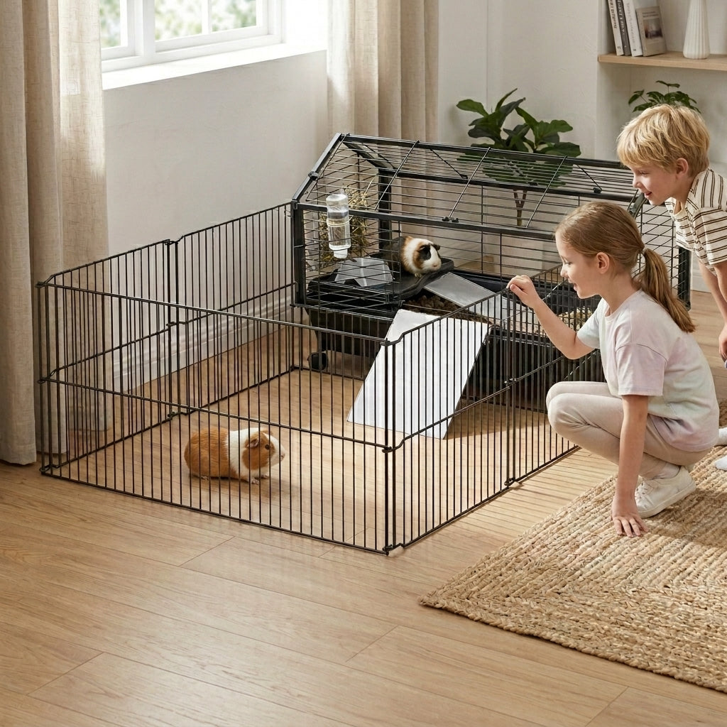 PawHut Rolling Metal Rabbit, Guinea Pig, or Small Animal Hutch Cage with Main House and Run