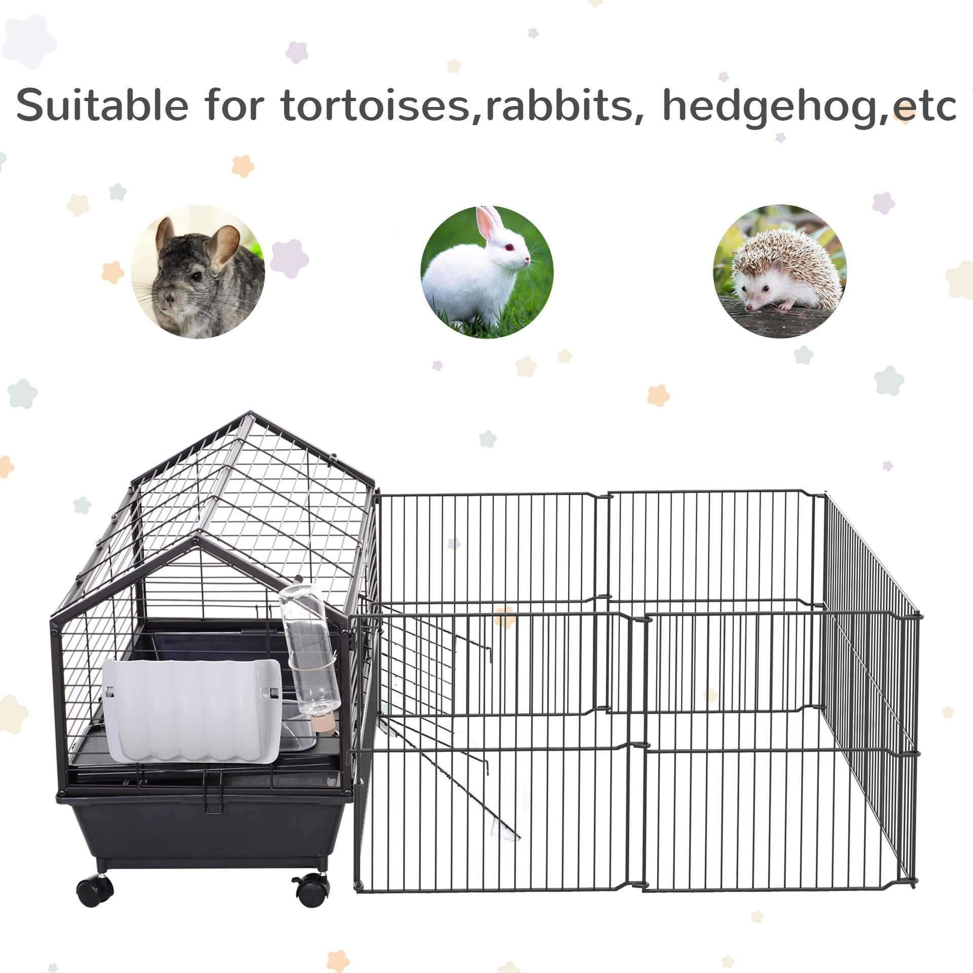 PawHut Rolling Metal Rabbit, Guinea Pig, or Small Animal Hutch Cage with Main House and Run