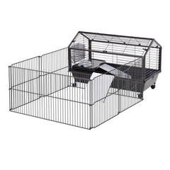 PawHut Rolling Metal Rabbit, Guinea Pig, or Small Animal Hutch Cage with Main House and Run