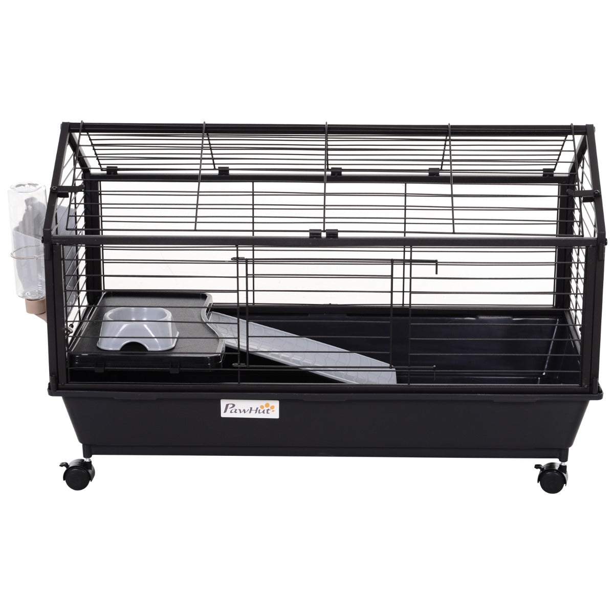 PawHut Rolling Metal Rabbit, Guinea Pig, or Small Animal Hutch Cage with Main House and Run