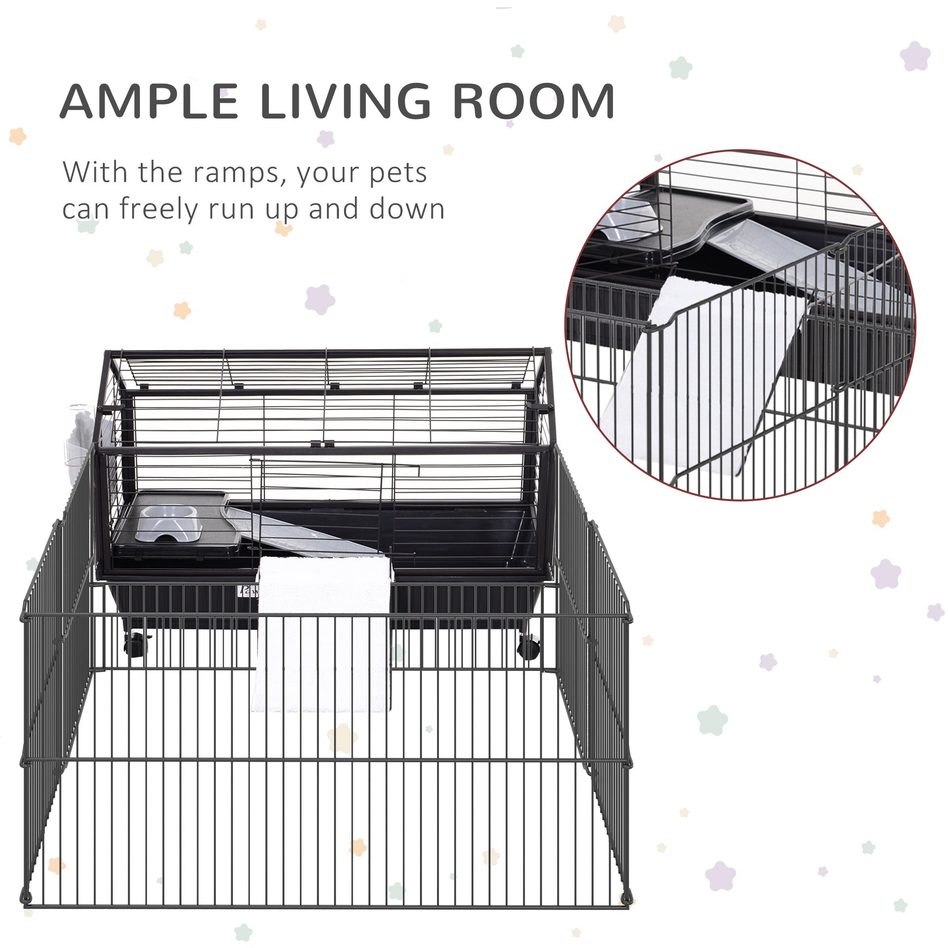 PawHut Rolling Metal Rabbit, Guinea Pig, or Small Animal Hutch Cage with Main House and Run