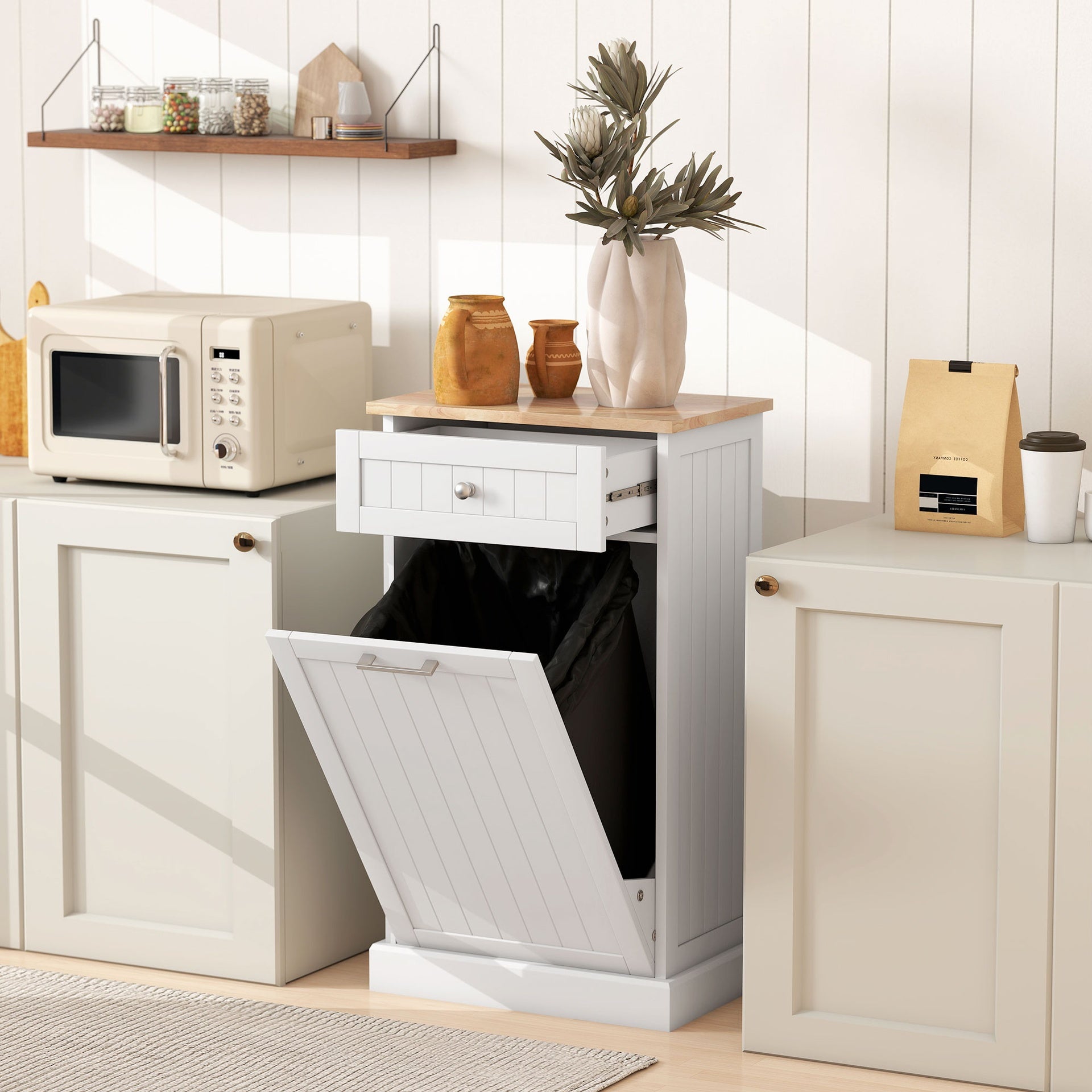 HOMCOM 10 Gallon Tilt Out Trash Cabinet, Wooden Hidden Trash Can with Storage Drawer for Kitchen, Laundry Hamper Cabinet for Bathroom, White